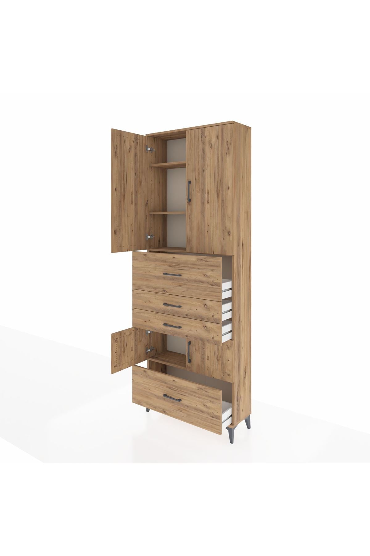 Arges Dolap 4 Raflı 4 Çekmeceli 4 Kapaklı 88x30x243 Çam-Çam