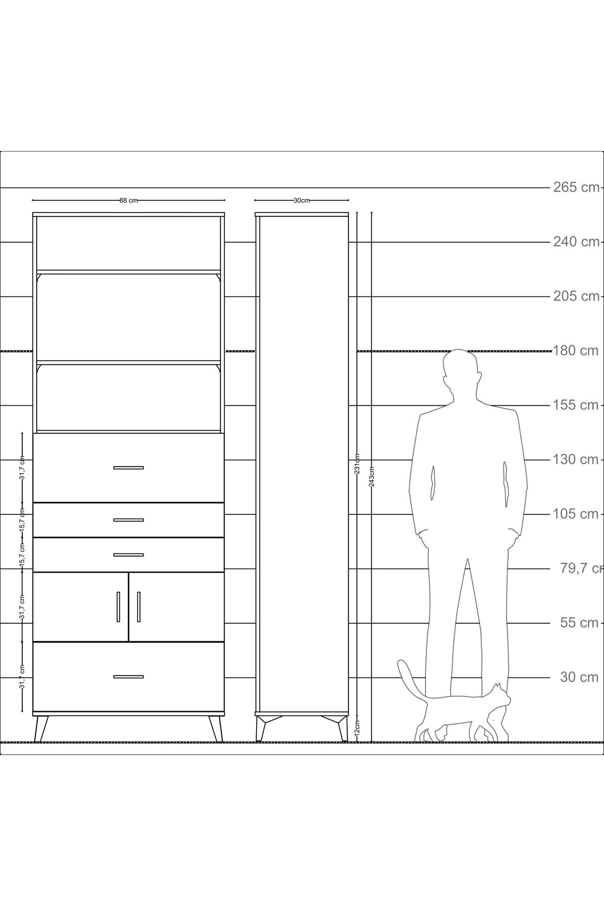 Arges Dolap 4 Raflı 4 Çekmeceli 2 Kapaklı 88x30x243 Antrasit-Antrasit