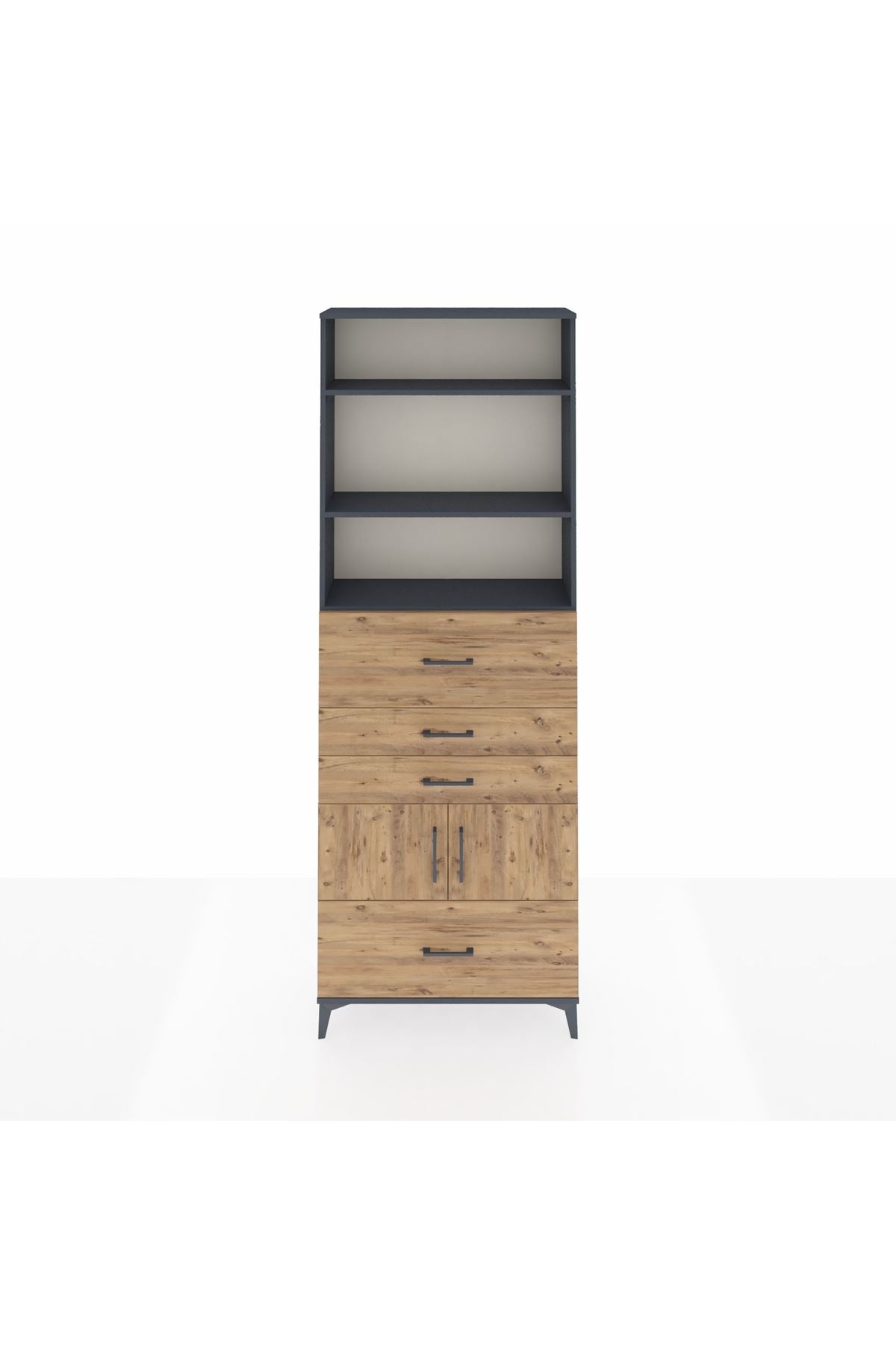 Arges Dolap 4 Raflı 4 Çekmeceli 2 Kapaklı 88x30x243 Antrasit-Çam