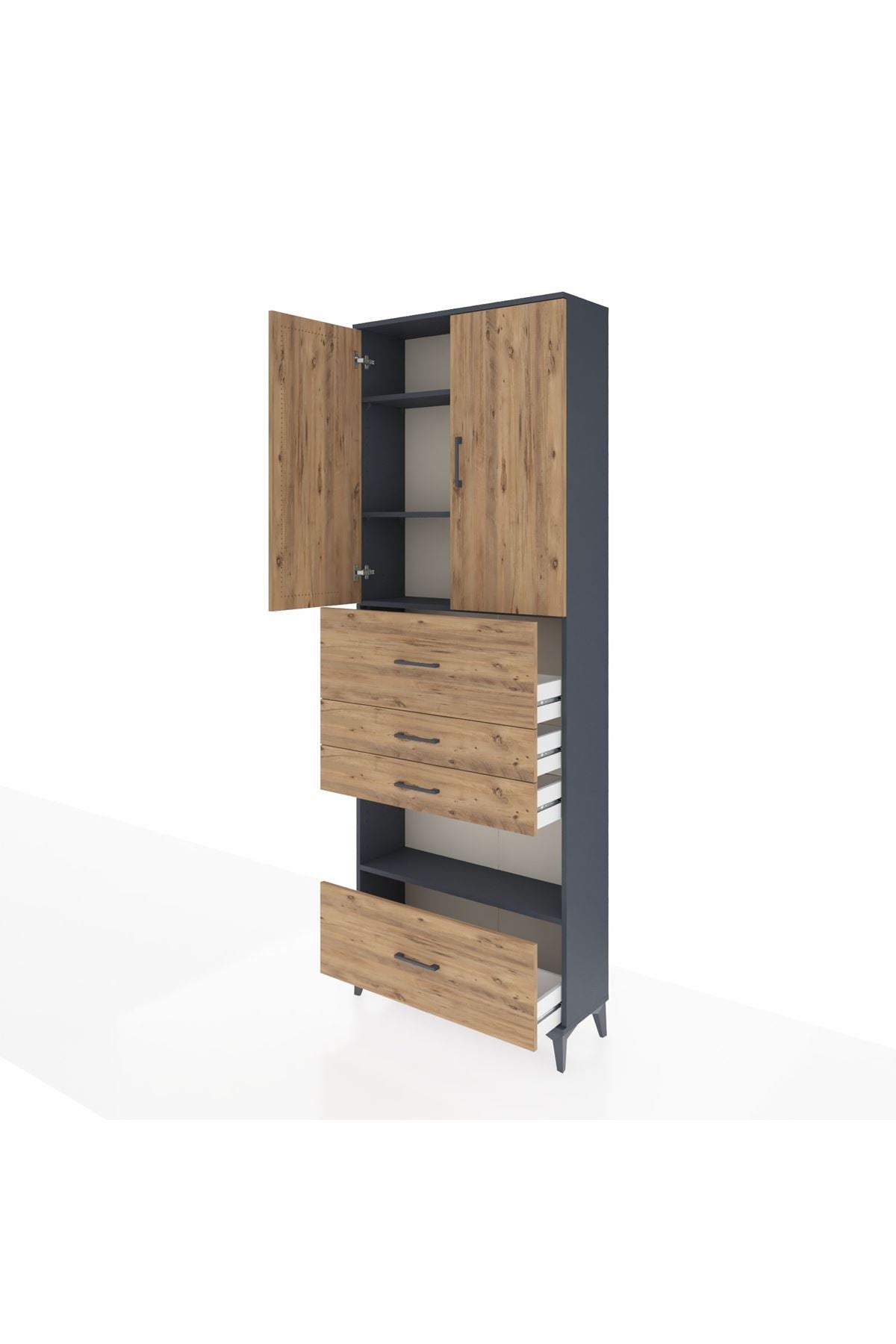 Arges Dolap 4 Raflı 4 Çekmeceli 2 Kapaklı 88x30x243 Antrasit-Çam