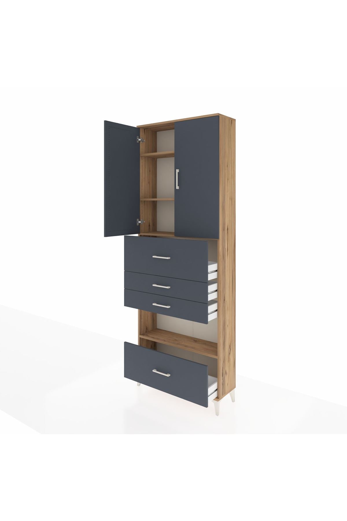 Arges Dolap 4 Raflı 4 Çekmeceli 2 Kapaklı 88x30x243 Çam-Antrasit