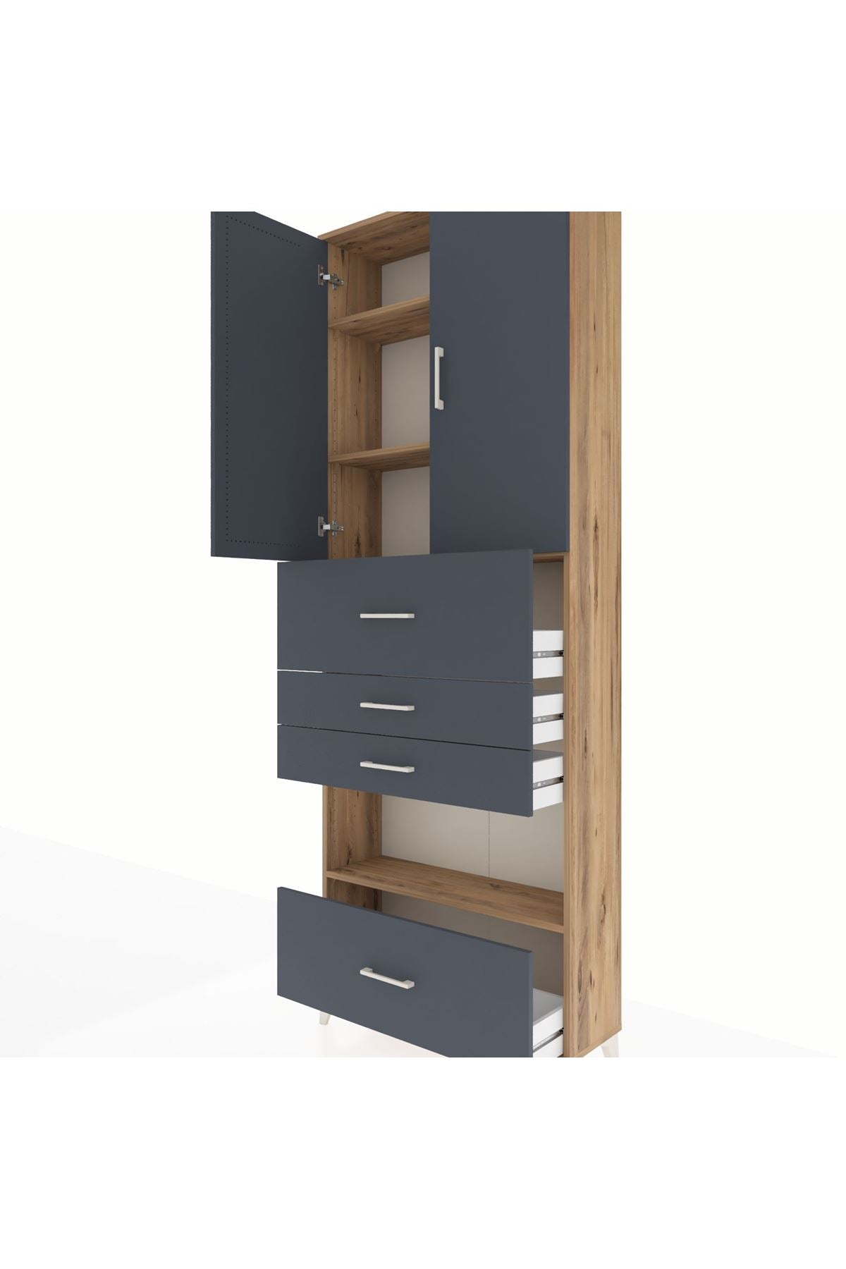 Arges Dolap 4 Raflı 4 Çekmeceli 2 Kapaklı 88x30x243 Çam-Antrasit