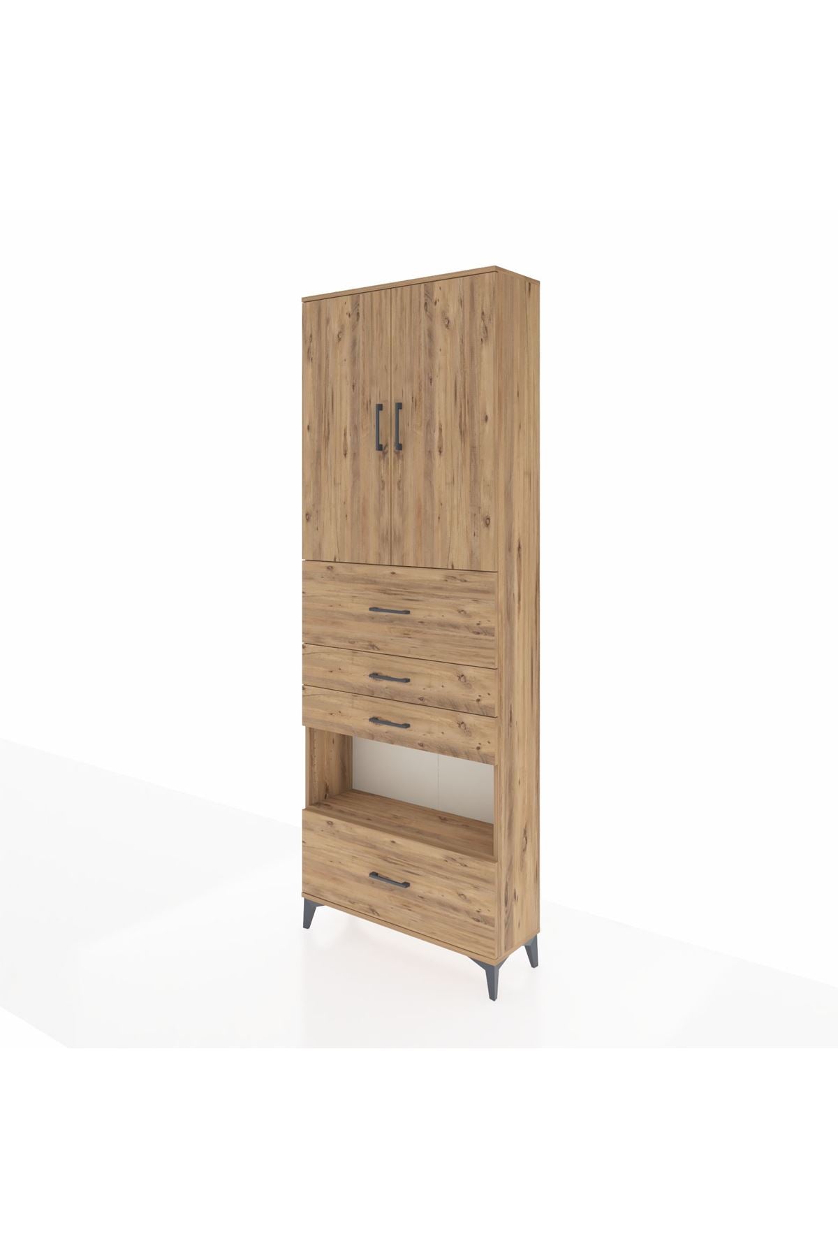 Arges Dolap 4 Raflı 4 Çekmeceli 2 Kapaklı 88x30x243 Çam-Çam