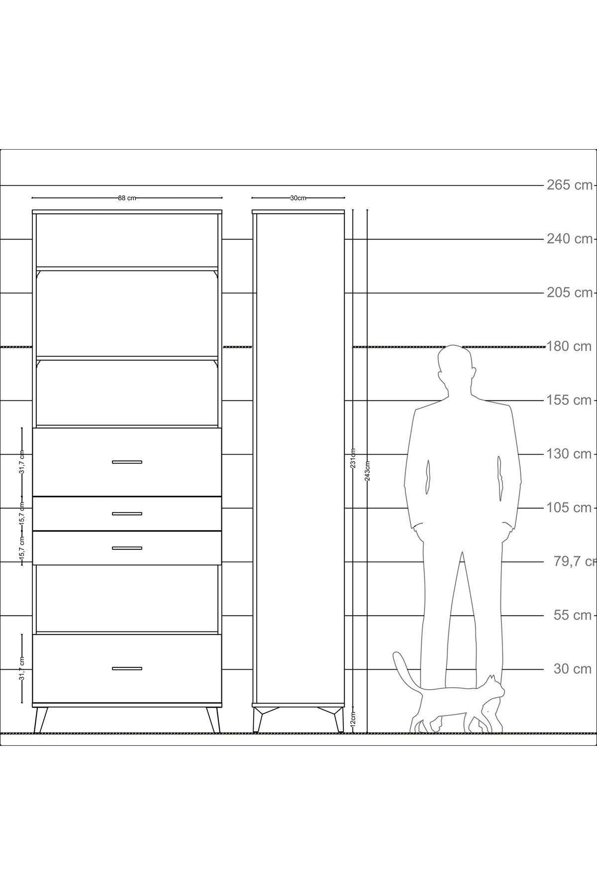 Arges Dolap 4 Raflı 4 Çekmeceli 88x30x243 Çam-Antrasit
