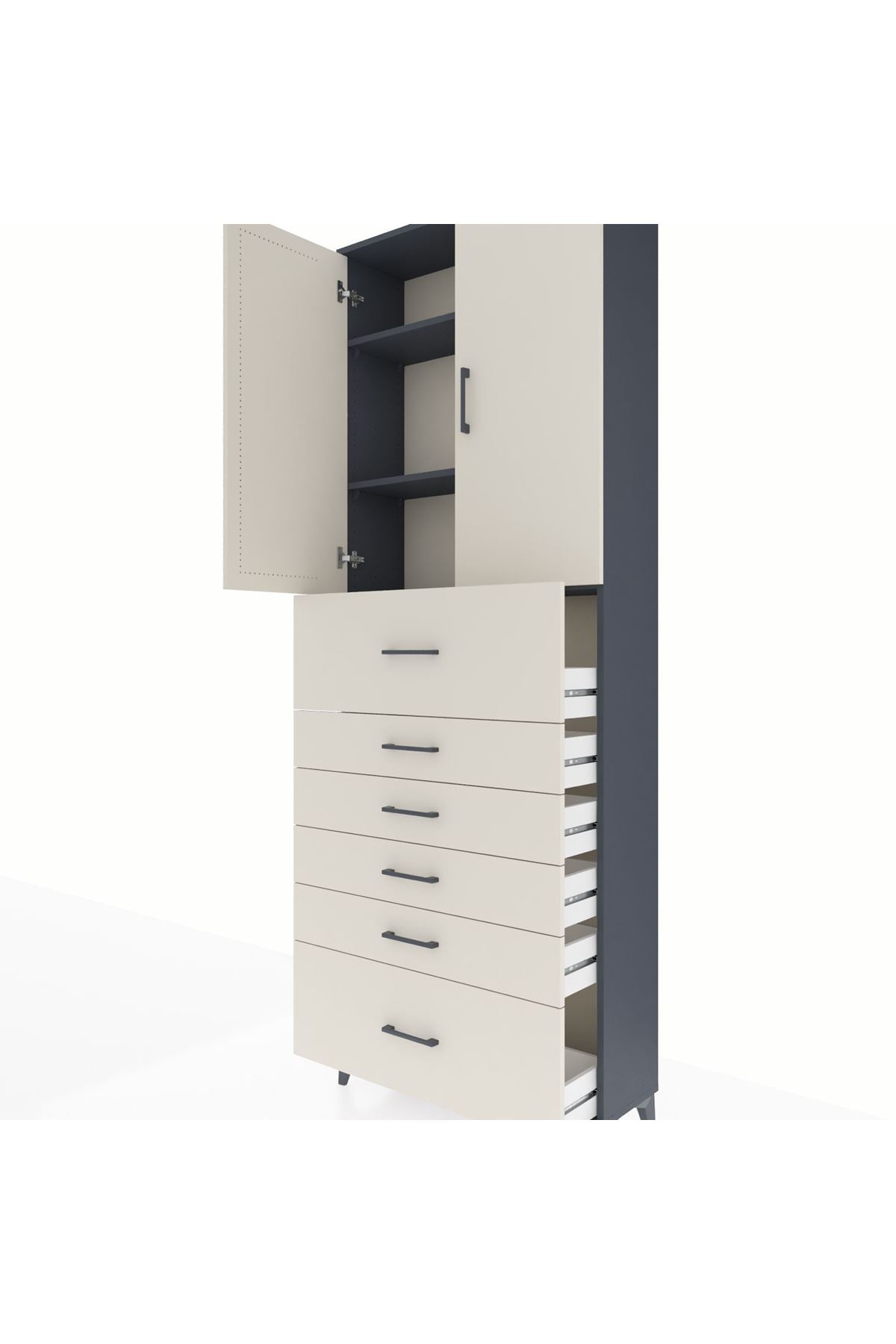 Arges Dolap 3 Raflı 6 Çekmeceli 2 Kapaklı 88x30x243 Antrasit-Aytaşı