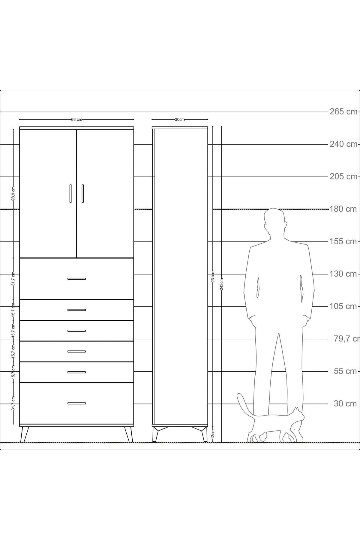 Arges Dolap 3 Raflı 6 Çekmeceli 2 Kapaklı 88x30x243 Antrasit-Antrasit