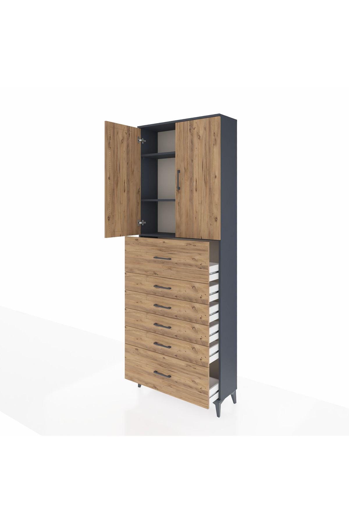 Arges Dolap 3 Raflı 6 Çekmeceli 2 Kapaklı 88x30x243 Antrasit-Çam