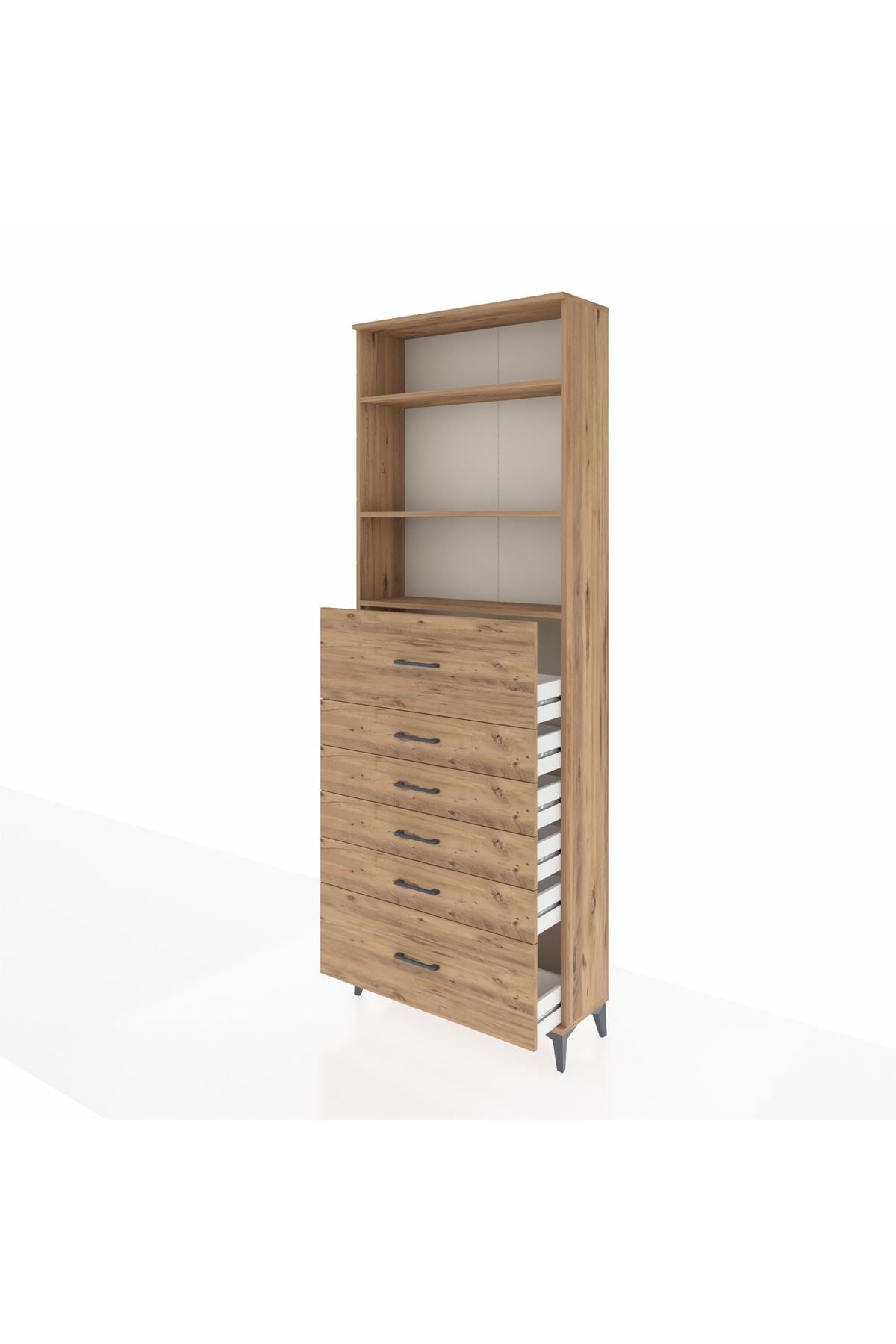 Arges Dolap 3 Raflı 6 Çekmeceli 88x30x243 Çam-Çam