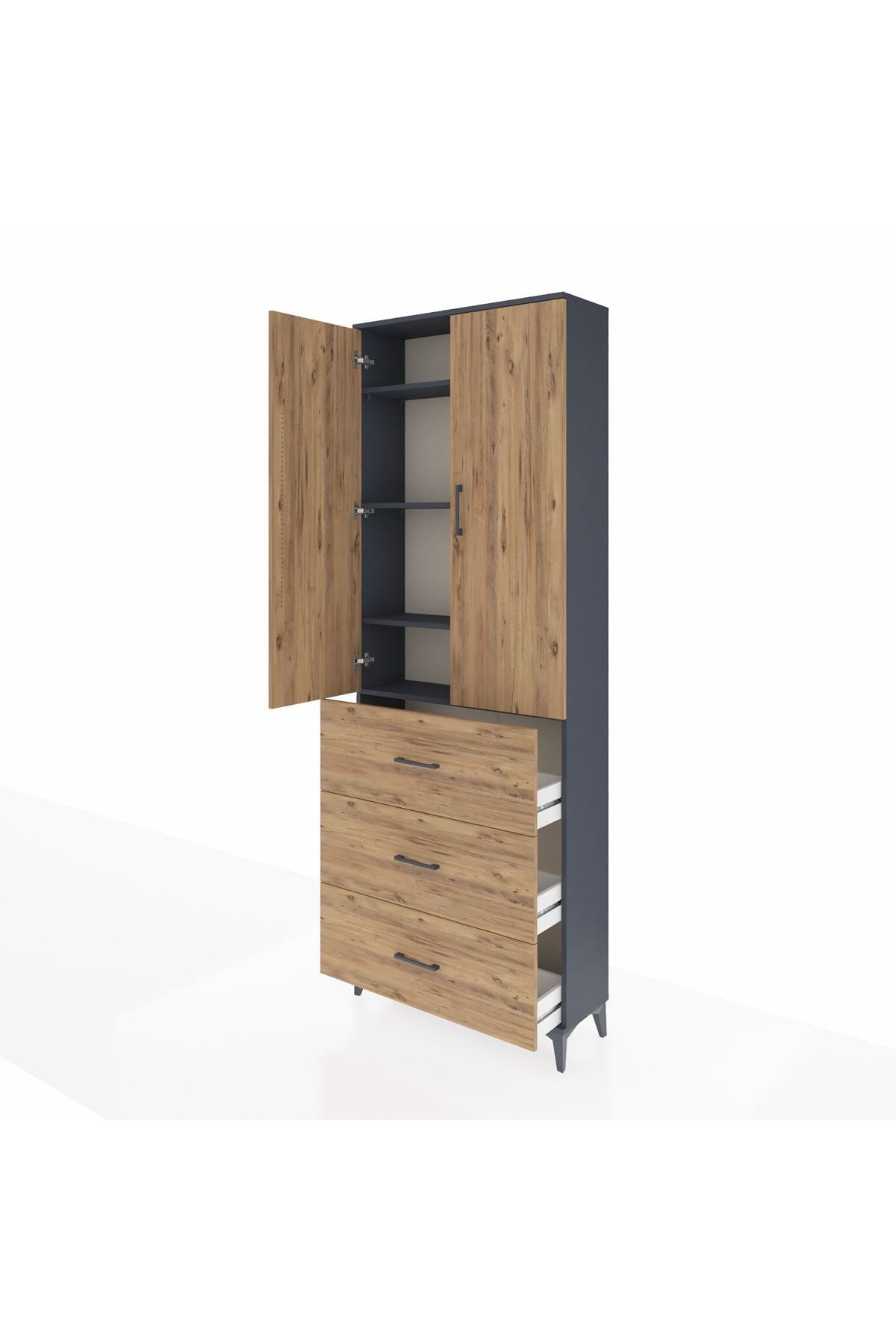 Arges Dolap 4 Raflı 3 Çekmeceli 2 Kapaklı 88x30x243 Antrasit-Çam