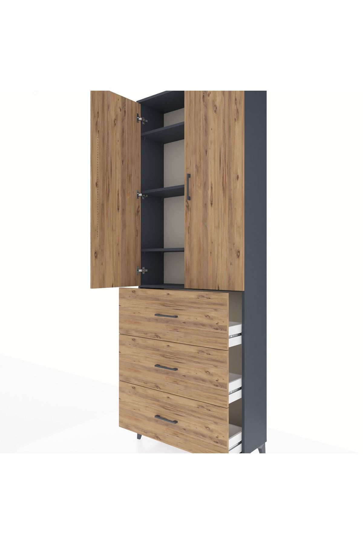 Arges Dolap 4 Raflı 3 Çekmeceli 2 Kapaklı 88x30x243 Antrasit-Çam