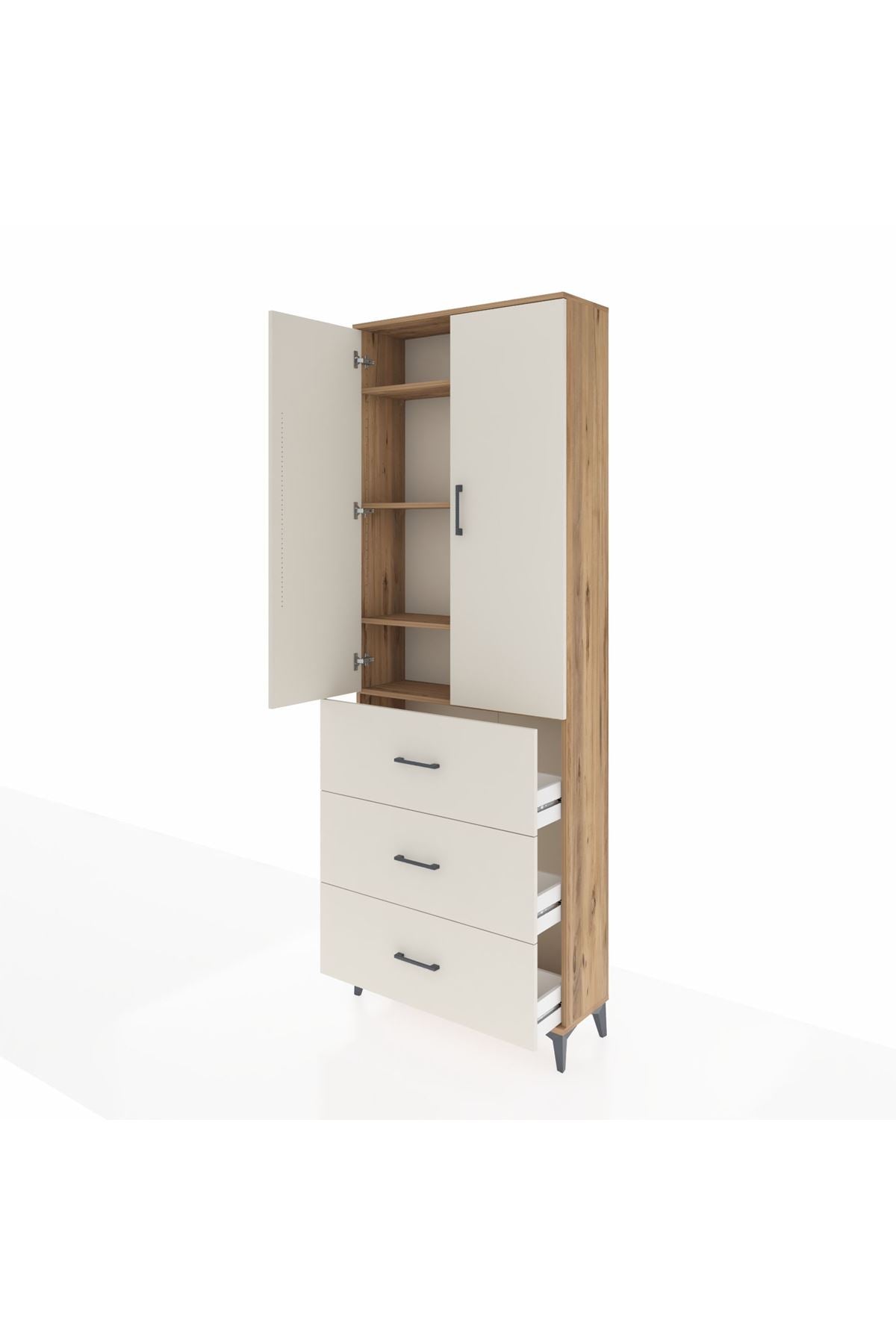 Arges Dolap 4 Raflı 3 Çekmeceli 2 Kapaklı 88x30x243 Çam-Aytaşı