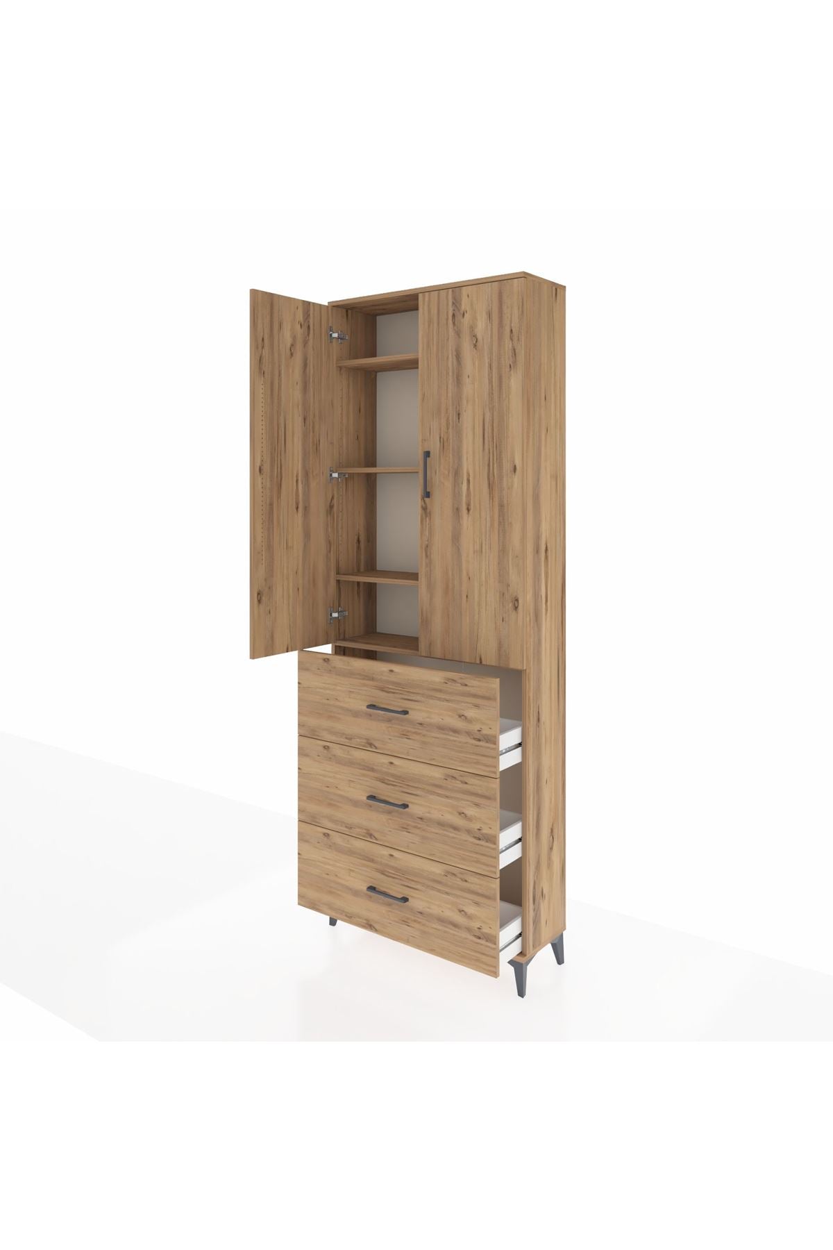 Arges Dolap 4 Raflı 3 Çekmeceli 2 Kapaklı 88x30x243 Çam-Çam