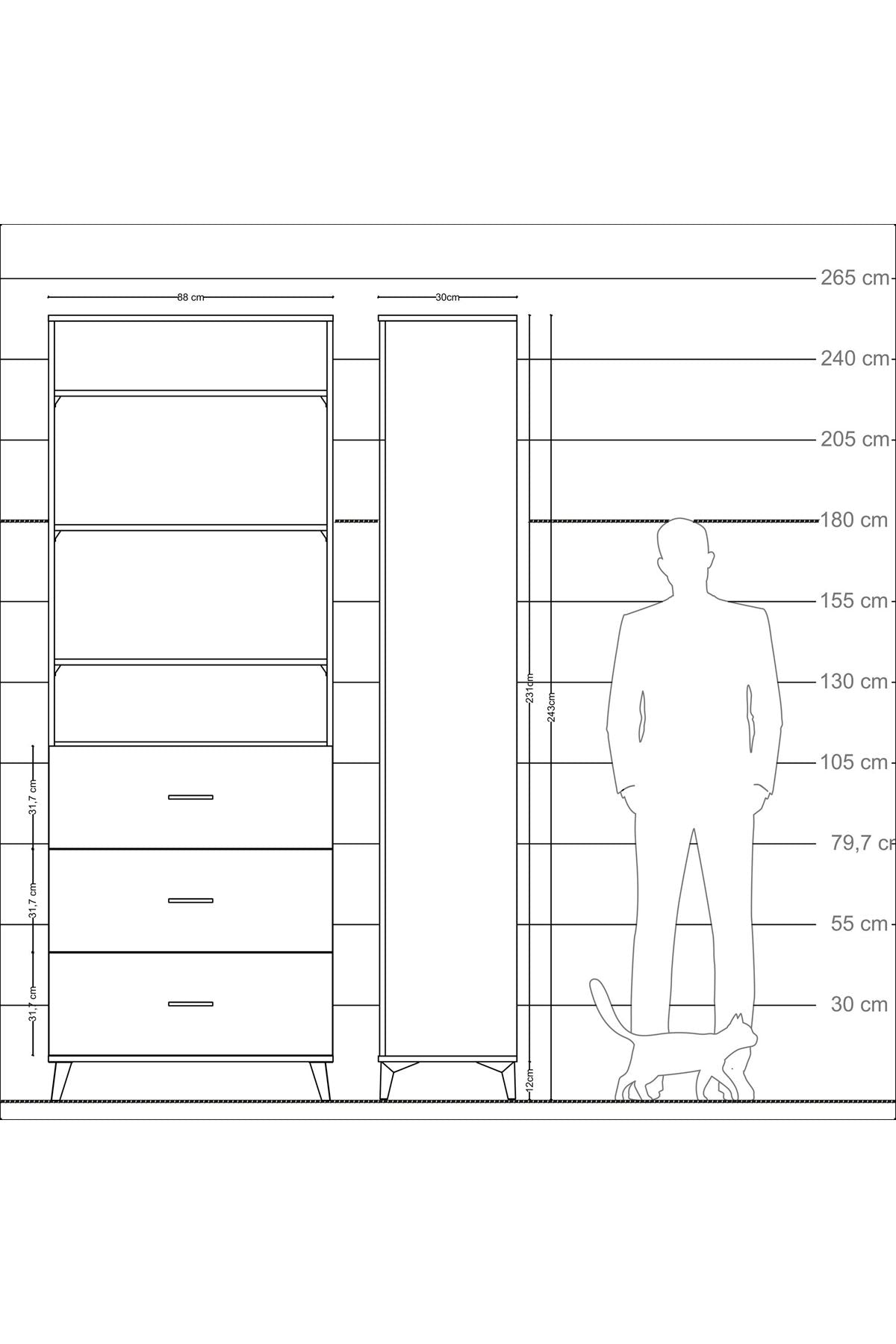 Arges Dolap 4 Raflı 3 Çekmeceli 88x30x243 Antrasit-Çam
