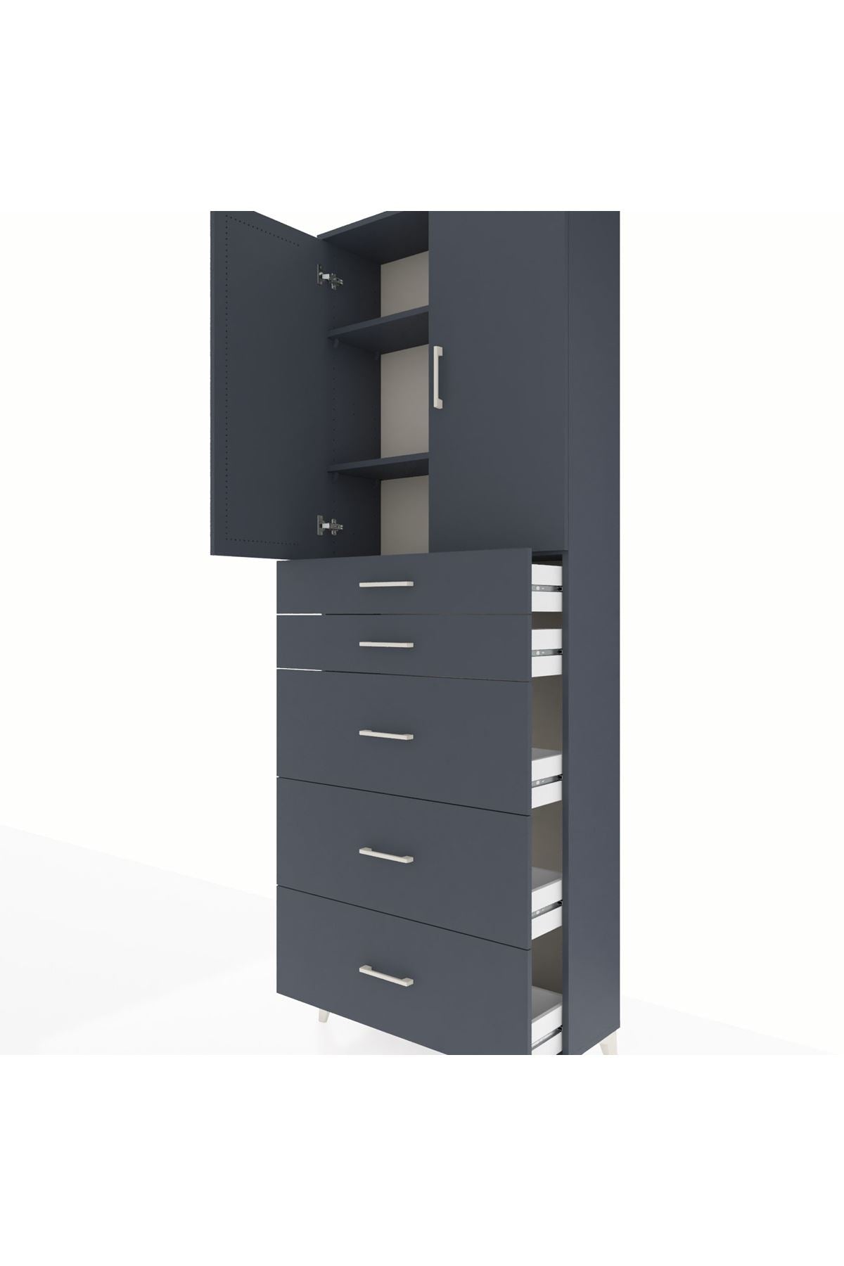 Arges Dolap 3 Raflı 5 Çekmeceli 2 Kapaklı 88x30x243 Antrasit-Antrasit