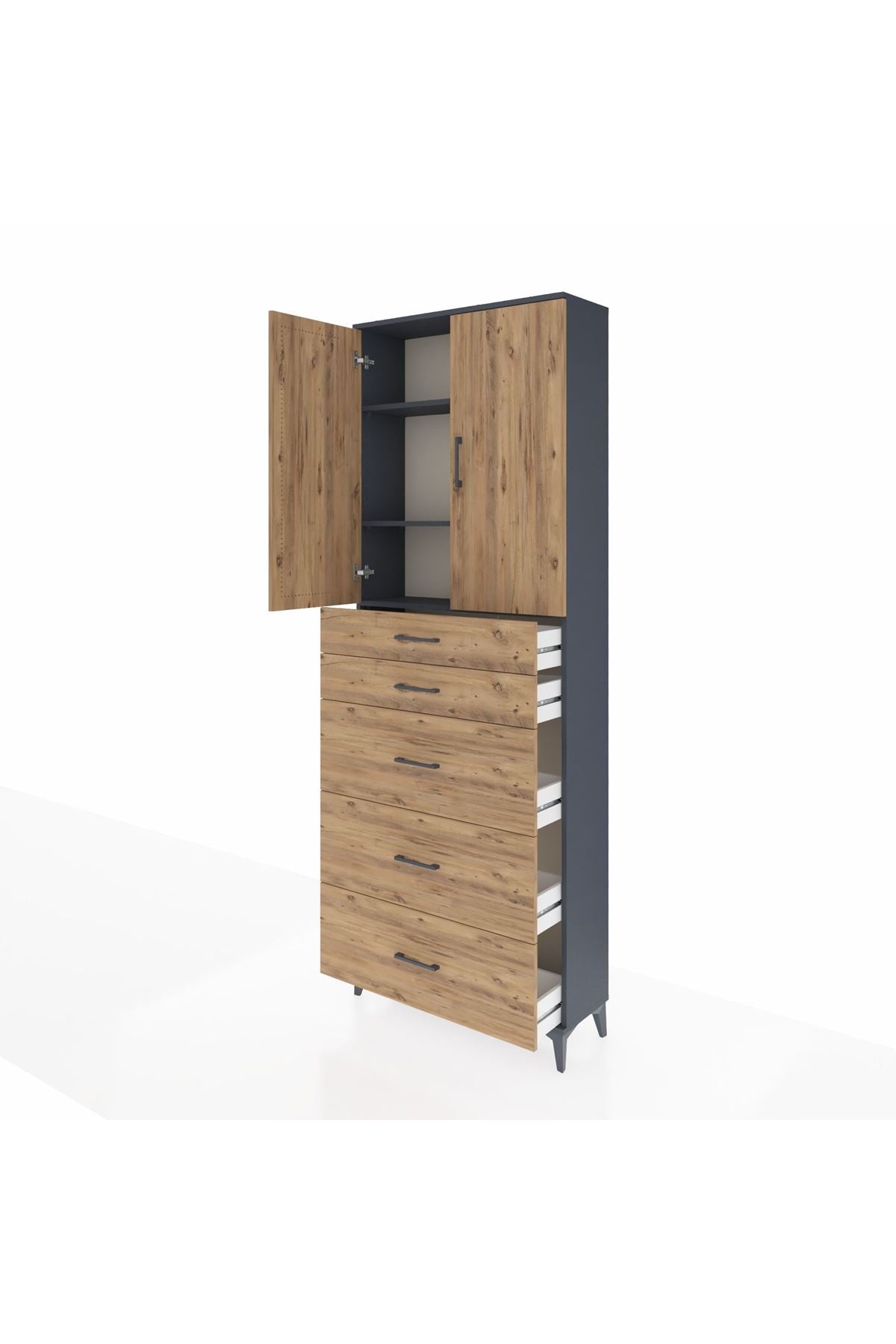 Arges Dolap 3 Raflı 5 Çekmeceli 2 Kapaklı 88x30x243 Antrasit-Çam