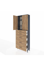 Arges Dolap 3 Raflı 5 Çekmeceli 2 Kapaklı 88x30x243 Antrasit-Çam