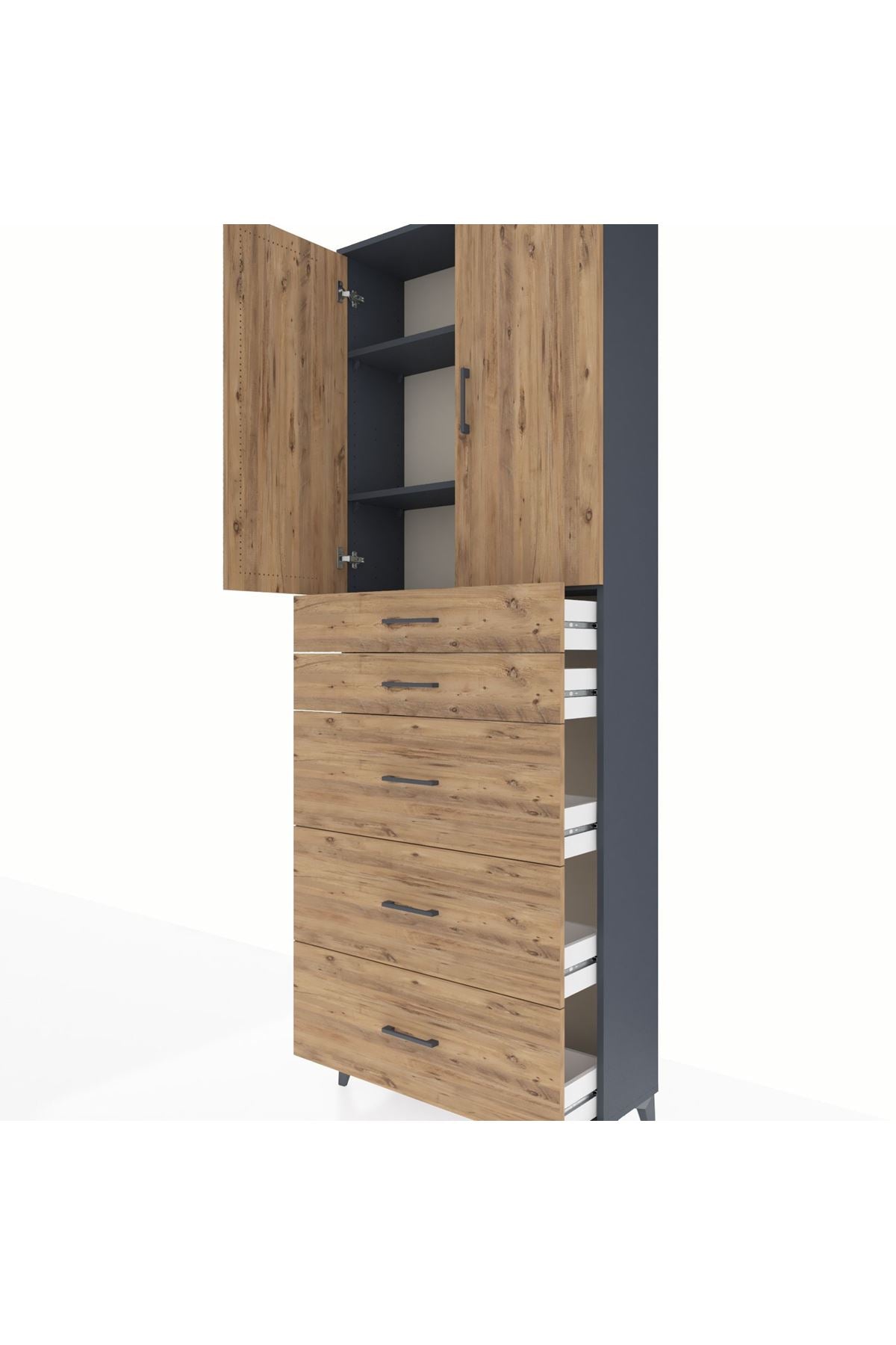 Arges Dolap 3 Raflı 5 Çekmeceli 2 Kapaklı 88x30x243 Antrasit-Çam