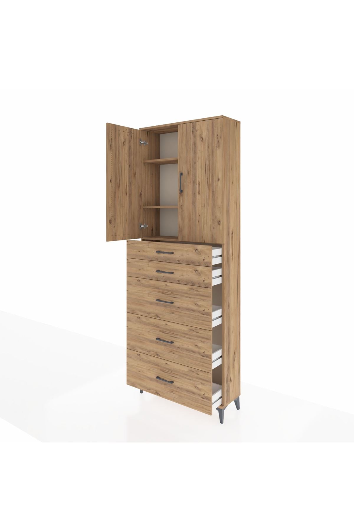 Arges Dolap 3 Raflı 5 Çekmeceli 2 Kapaklı 88x30x243 Çam-Çam