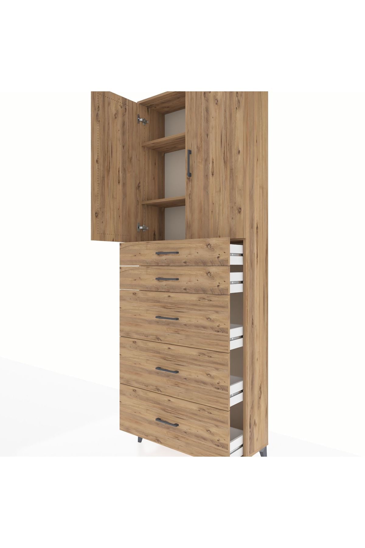 Arges Dolap 3 Raflı 5 Çekmeceli 2 Kapaklı 88x30x243 Çam-Çam