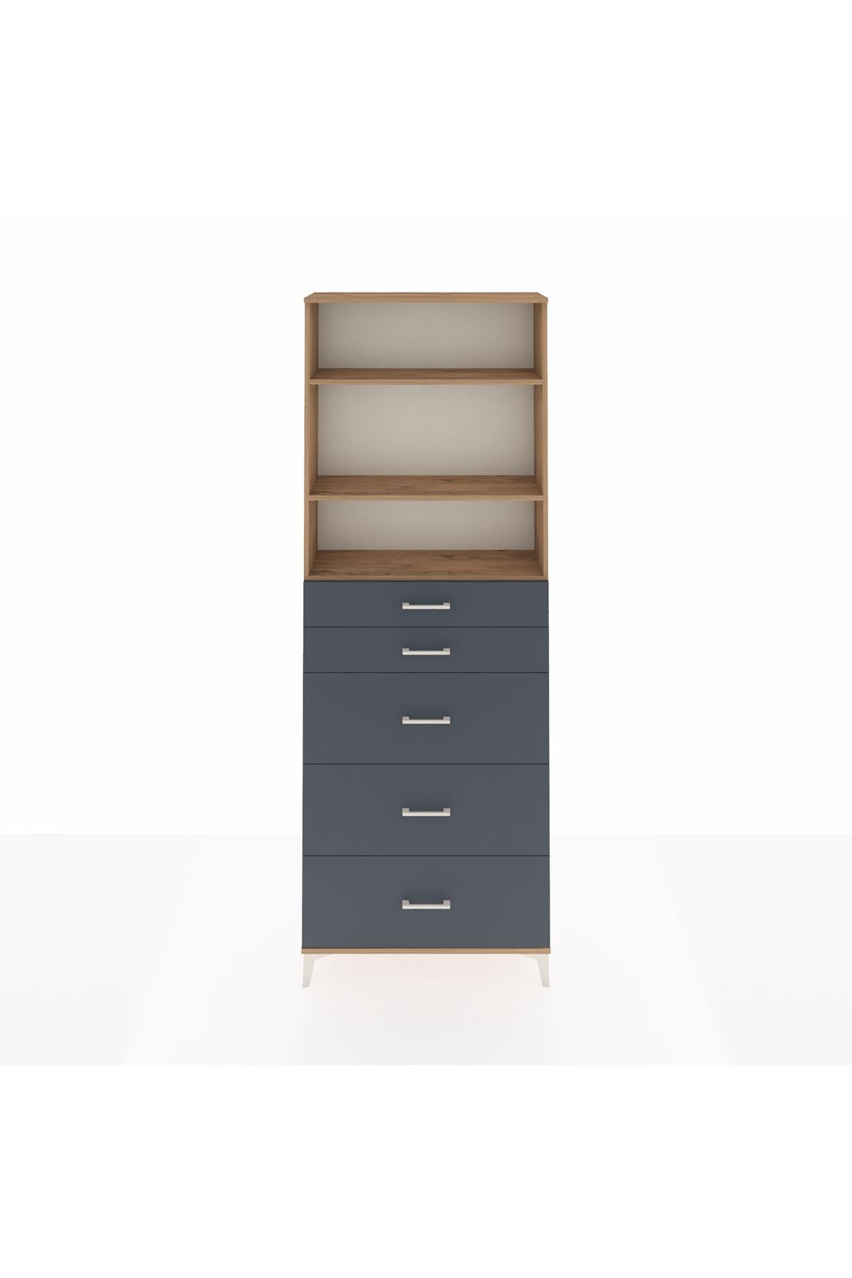 Arges Dolap 3 Raflı 5 Çekmeceli 88x30x243 Çam-Antrasit