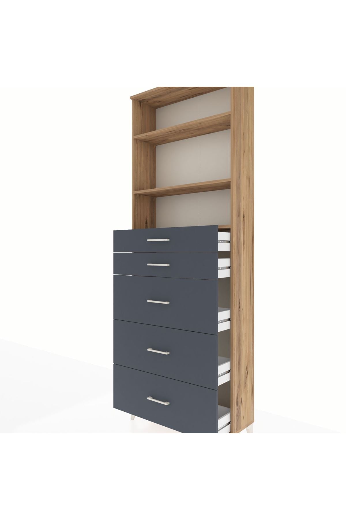 Arges Dolap 3 Raflı 5 Çekmeceli 88x30x243 Çam-Antrasit