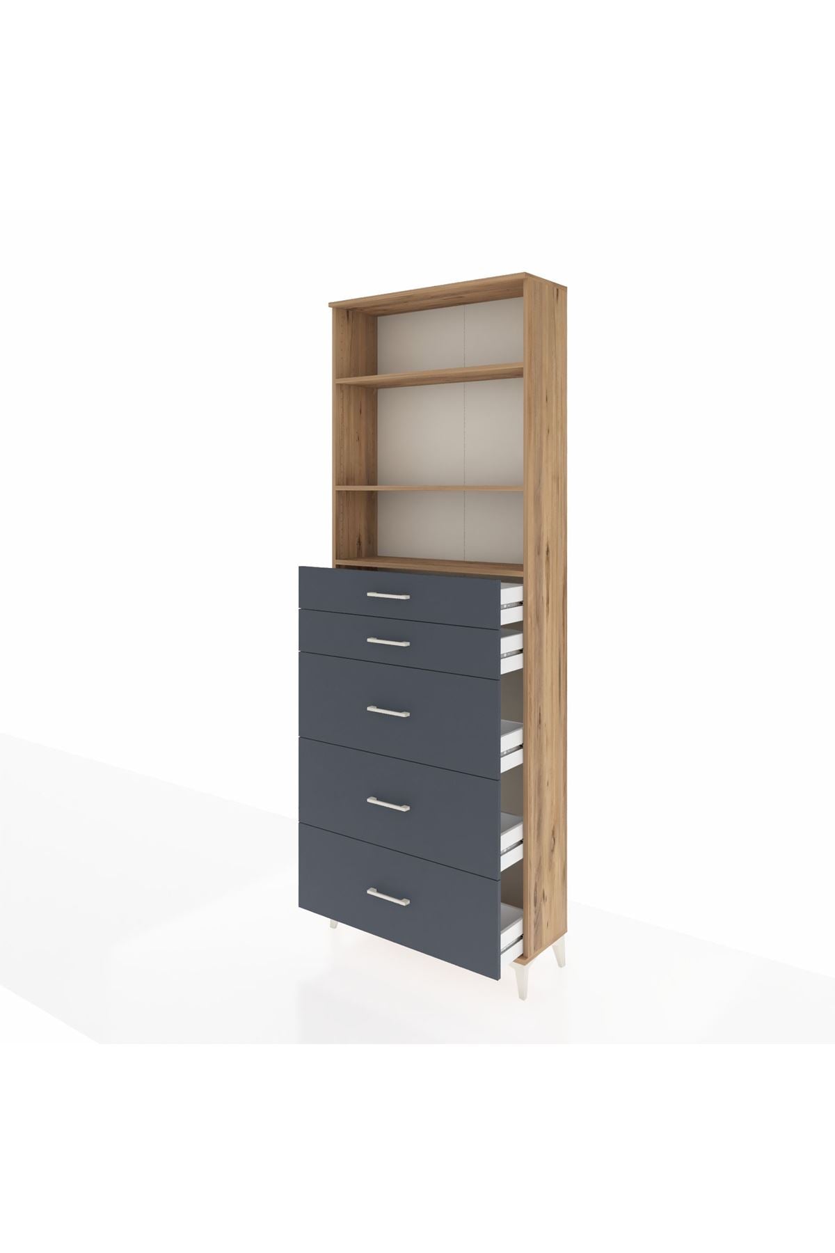 Arges Dolap 3 Raflı 5 Çekmeceli 88x30x243 Çam-Antrasit