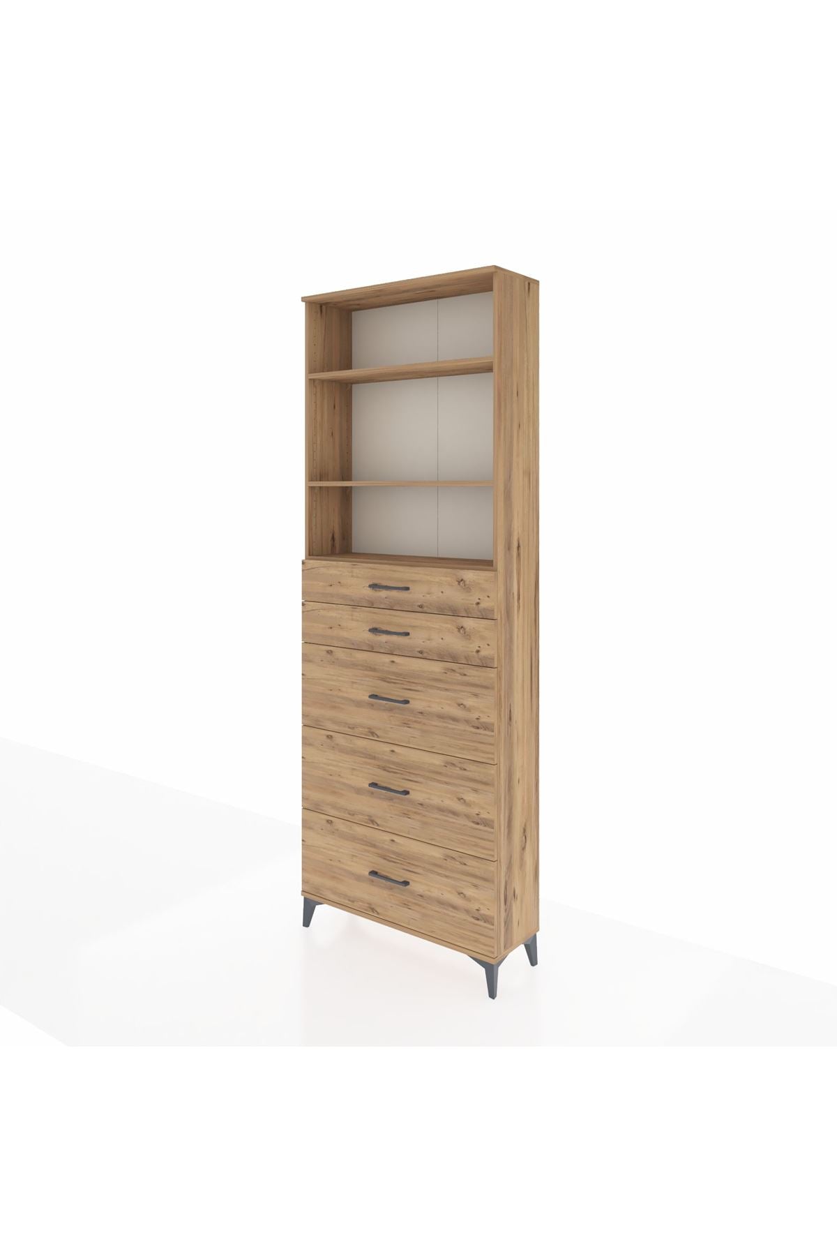 Arges Dolap 3 Raflı 5 Çekmeceli 88x30x243 Çam-Çam