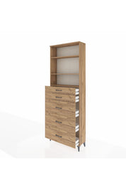 Arges Dolap 3 Raflı 5 Çekmeceli 88x30x243 Çam-Çam