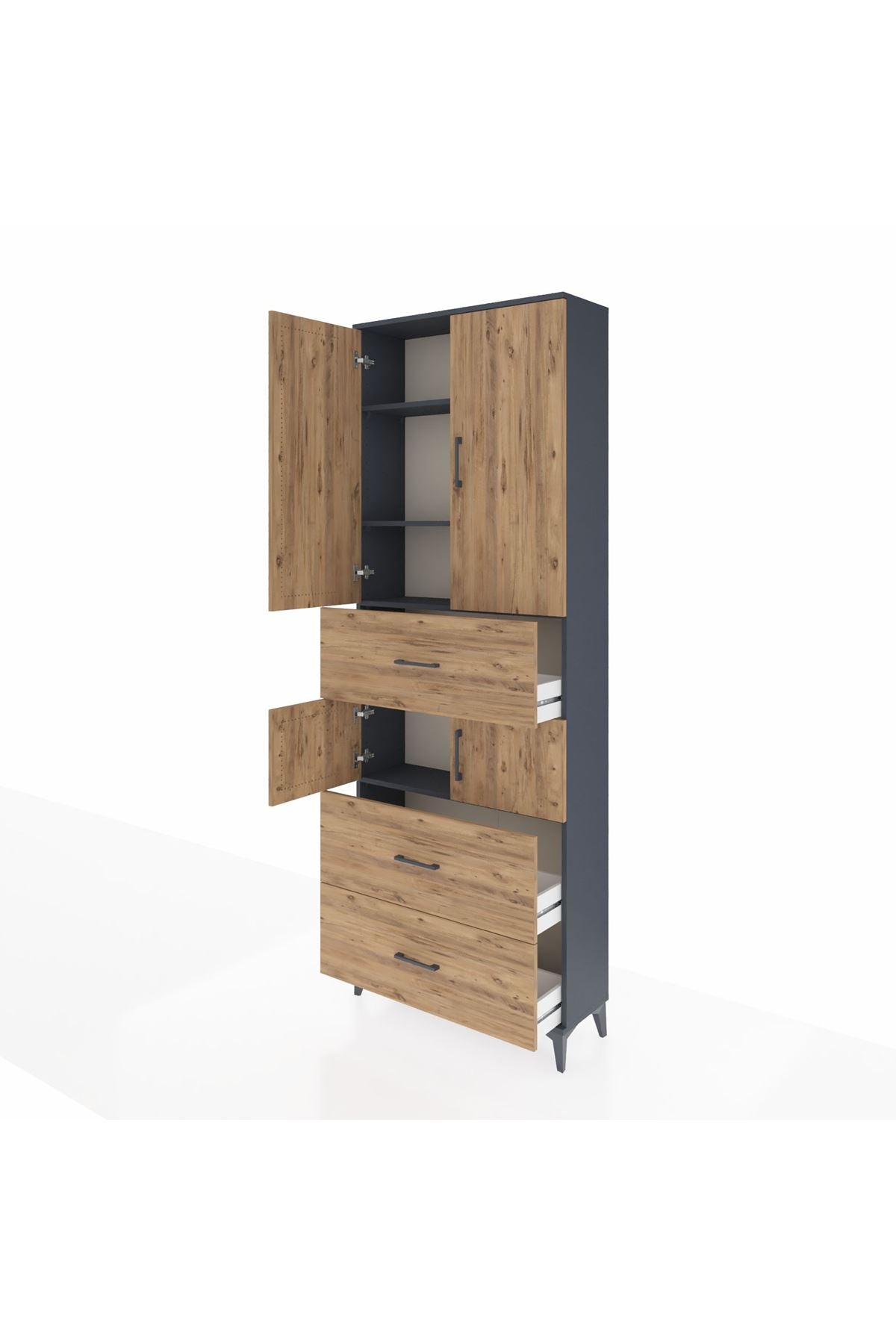 Arges Dolap 4 Raflı 3 Çekmeceli 4 Kapaklı 88x30x243 Antrasit-Çam