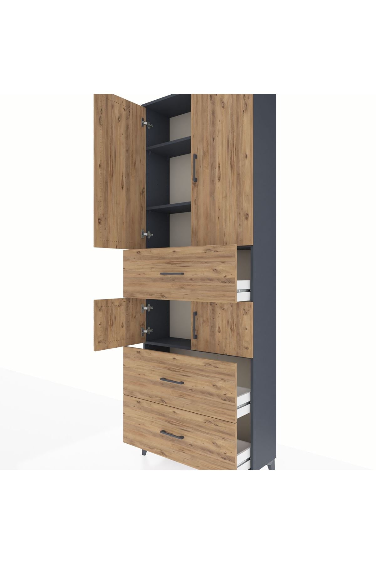 Arges Dolap 4 Raflı 3 Çekmeceli 4 Kapaklı 88x30x243 Antrasit-Çam