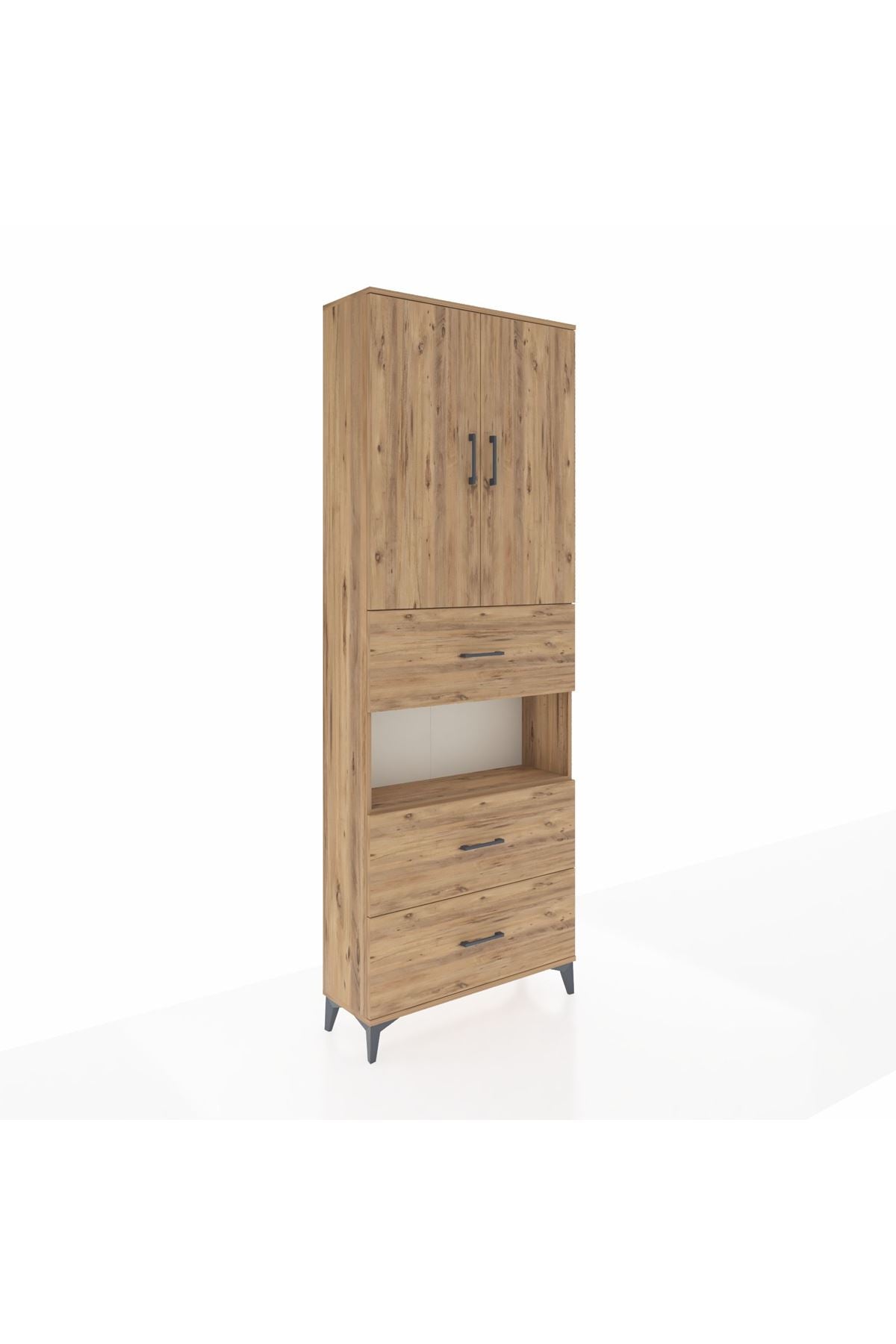 Arges Dolap 4 Raflı 3 Çekmeceli 2 Kapaklı 88x30x243 Çam-Çam