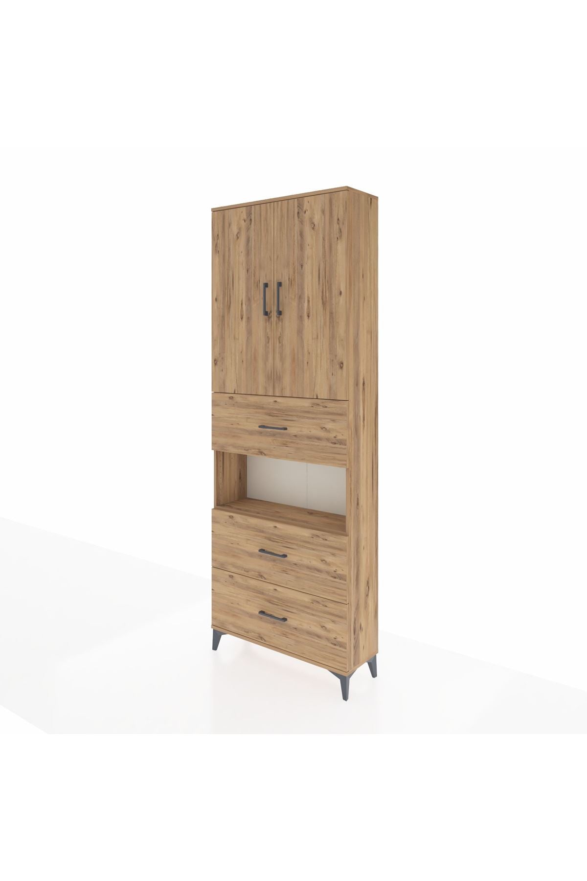 Arges Dolap 4 Raflı 3 Çekmeceli 2 Kapaklı 88x30x243 Çam-Çam