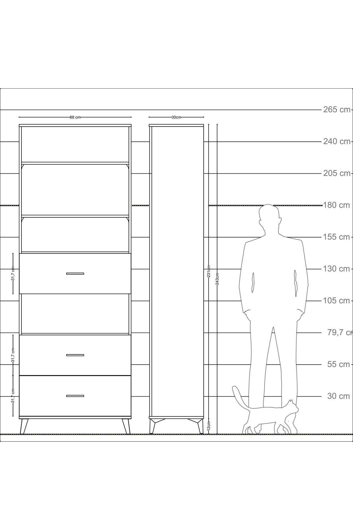 Arges Dolap 4 Raflı 3 Çekmeceli 88x30x243 Antrasit-Çam