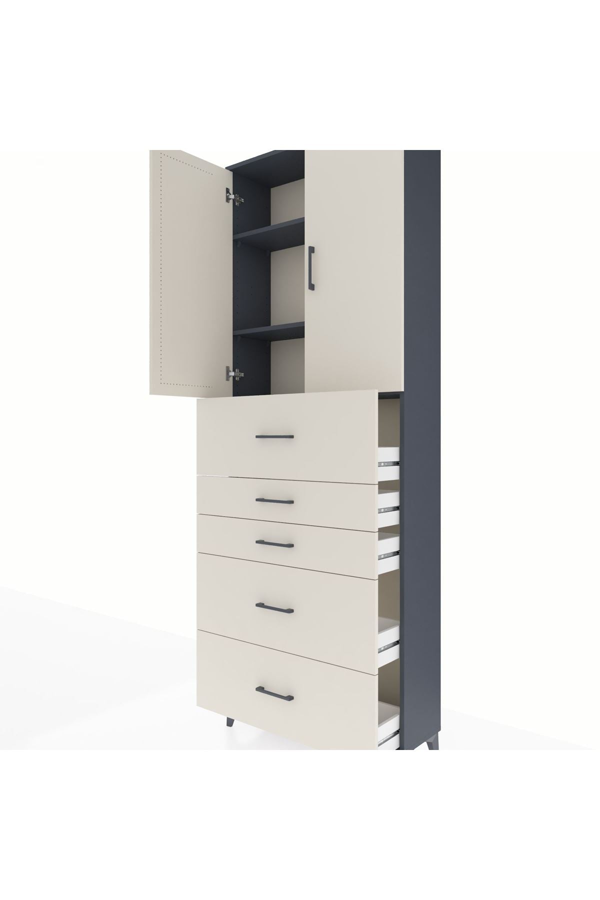 Arges Dolap 3 Raflı 5 Çekmeceli 2 Kapaklı 88x30x243 Antrasit-Aytaşı