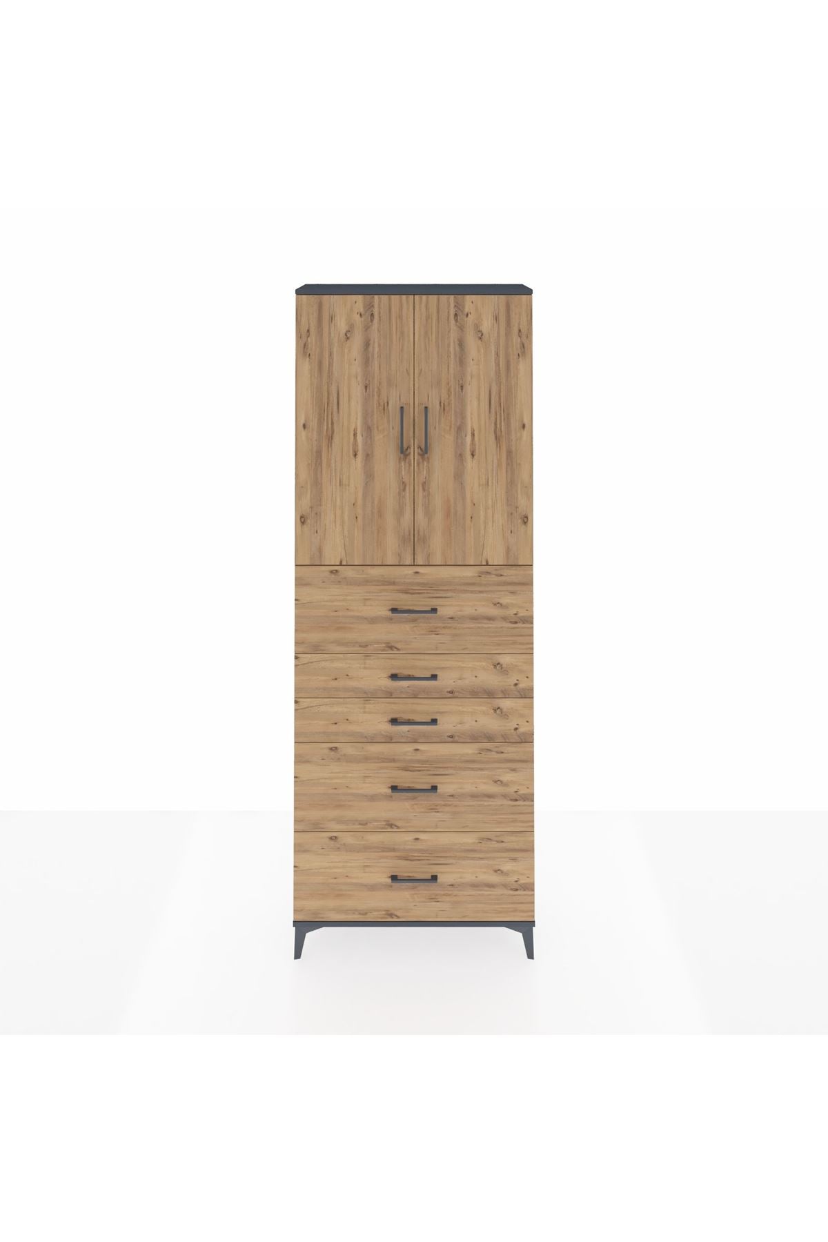 Arges Dolap 3 Raflı 5 Çekmeceli 2 Kapaklı 88x30x243 Antrasit-Çam