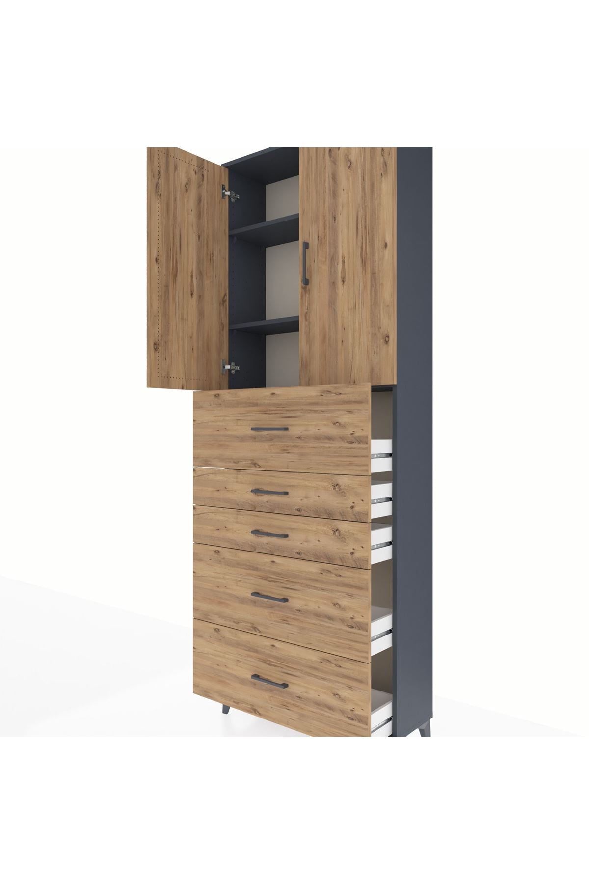 Arges Dolap 3 Raflı 5 Çekmeceli 2 Kapaklı 88x30x243 Antrasit-Çam