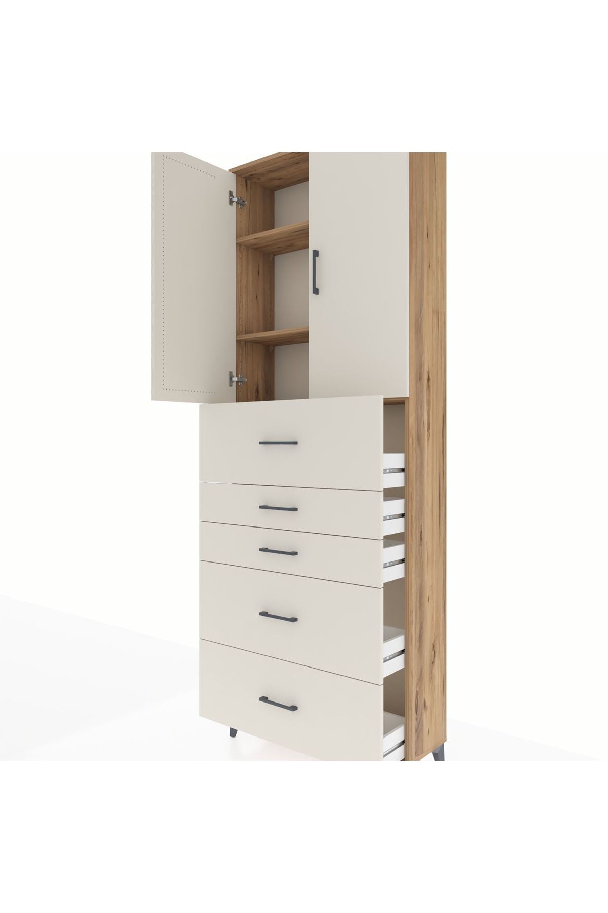 Arges Dolap 3 Raflı 5 Çekmeceli 2 Kapaklı 88x30x243 Çam-Aytaşı