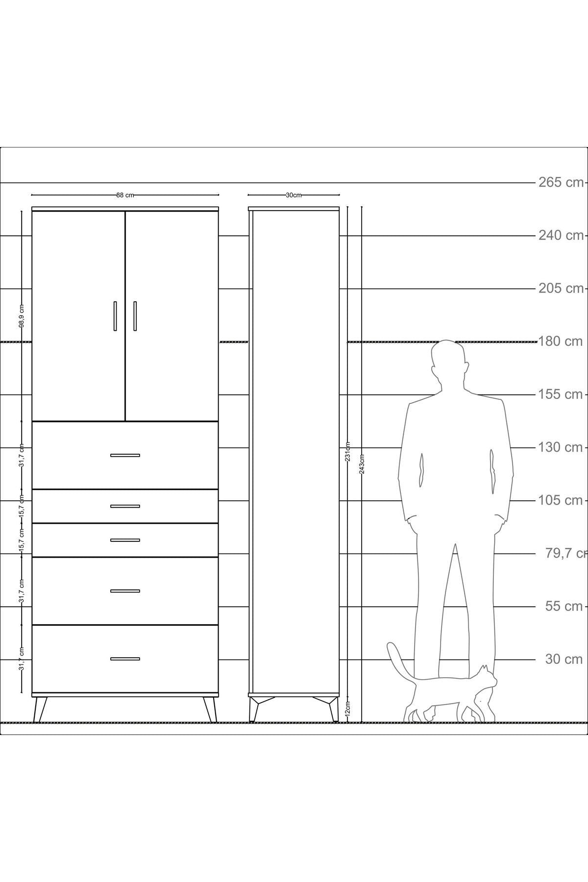Arges Dolap 3 Raflı 5 Çekmeceli 2 Kapaklı 88x30x243 Çam-Antrasit