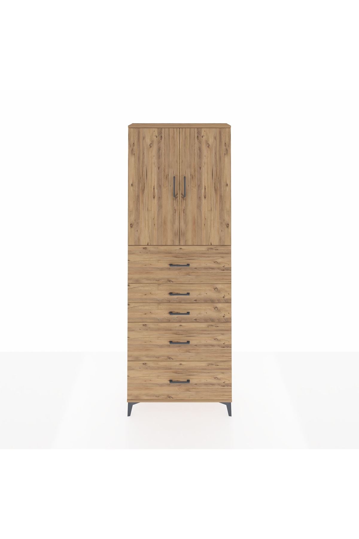 Arges Dolap 3 Raflı 5 Çekmeceli 2 Kapaklı 88x30x243 Çam-Çam