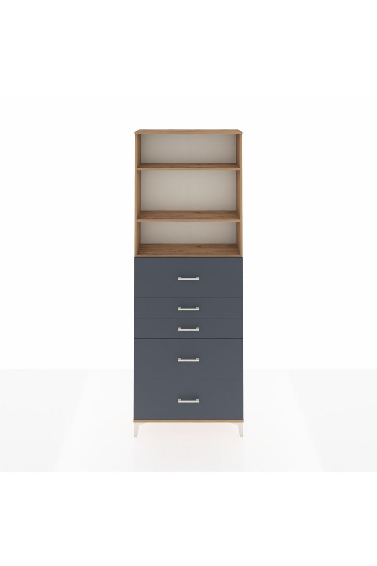 Arges Dolap 3 Raflı 5 Çekmeceli 88x30x243 Çam-Antrasit