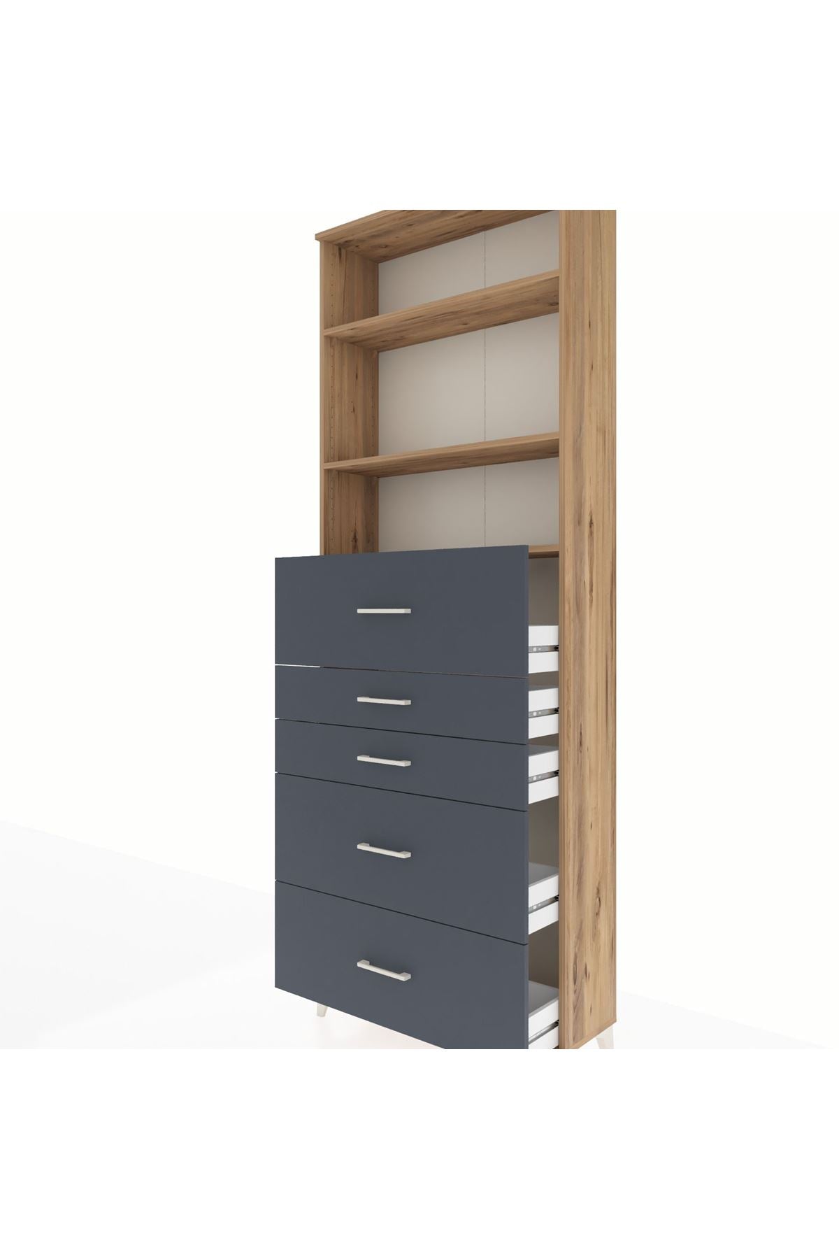 Arges Dolap 3 Raflı 5 Çekmeceli 88x30x243 Çam-Antrasit