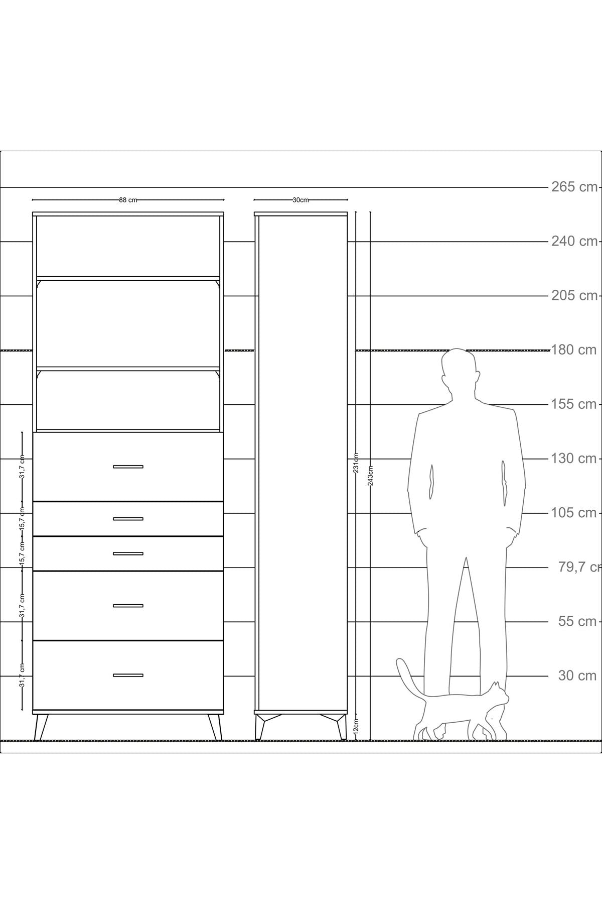 Arges Dolap 3 Raflı 5 Çekmeceli 88x30x243 Çam-Antrasit