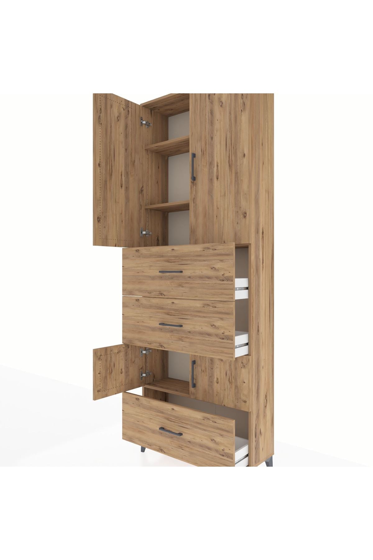 Arges Dolap 4 Raflı 3 Çekmeceli 4 Kapaklı 88x30x243 Çam-Çam