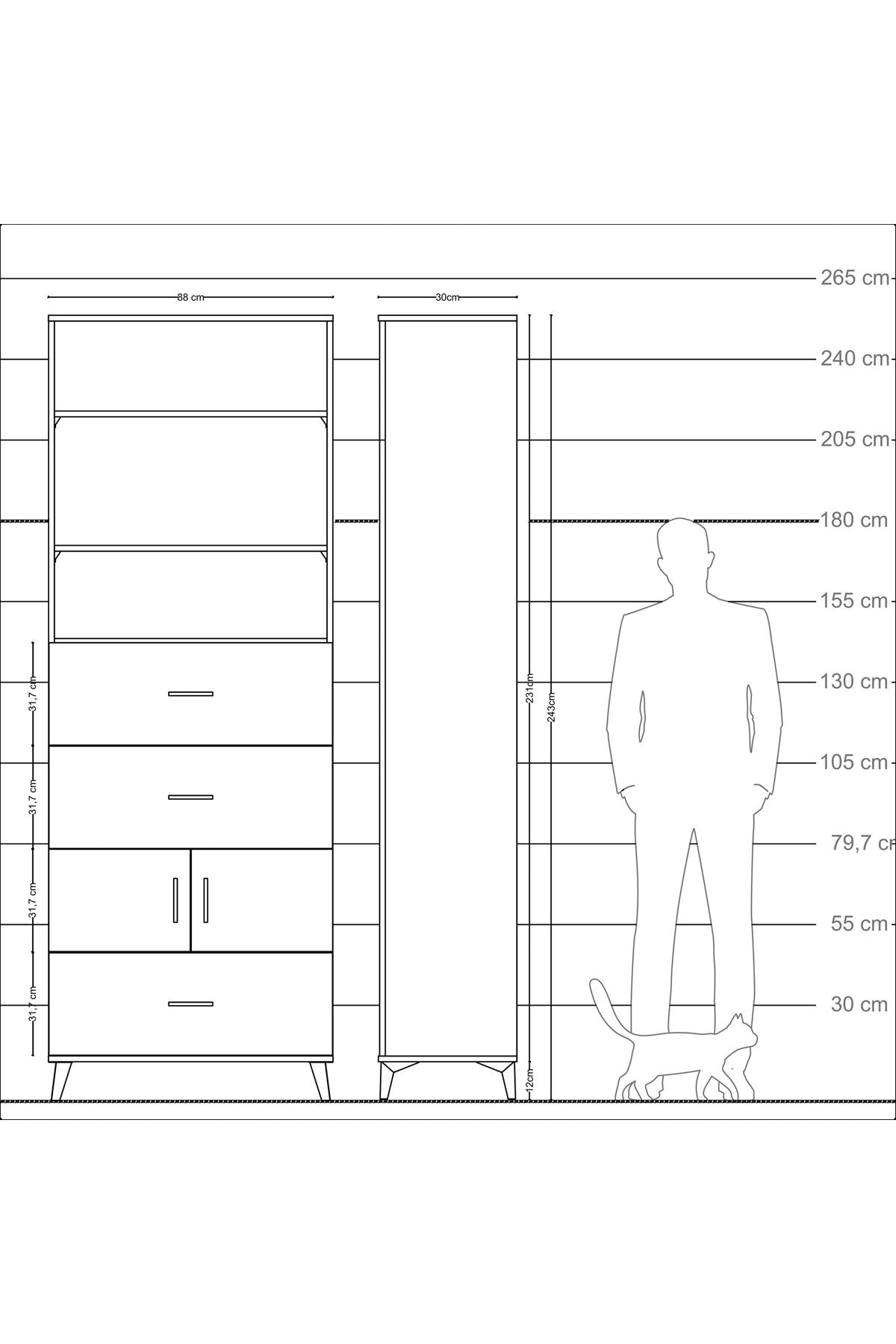 Arges Dolap 4 Raflı 3 Çekmeceli 2 Kapaklı 88x30x243 Antrasit-Antrasit