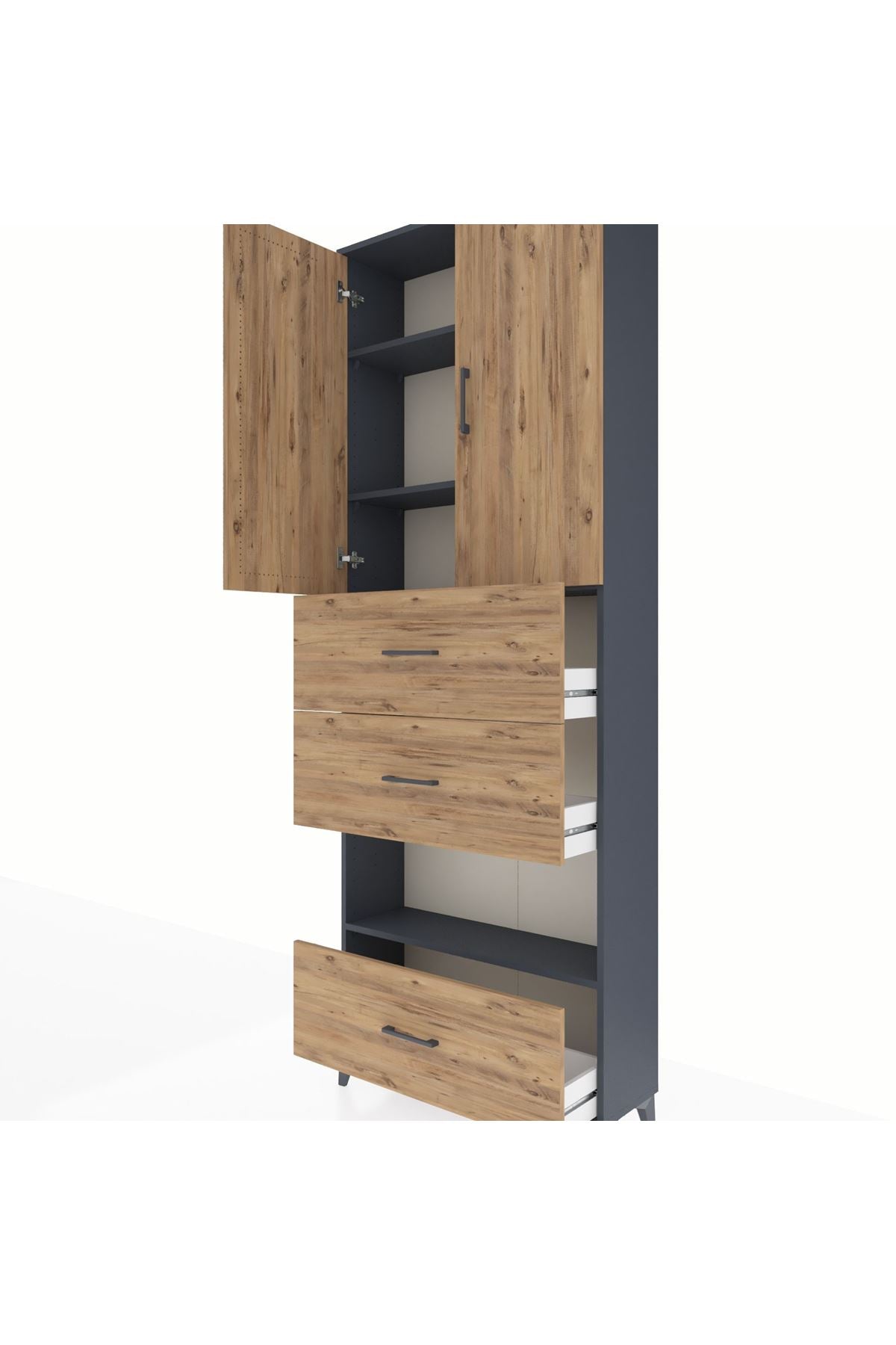 Arges Dolap 4 Raflı 3 Çekmeceli 2 Kapaklı 88x30x243 Antrasit-Çam