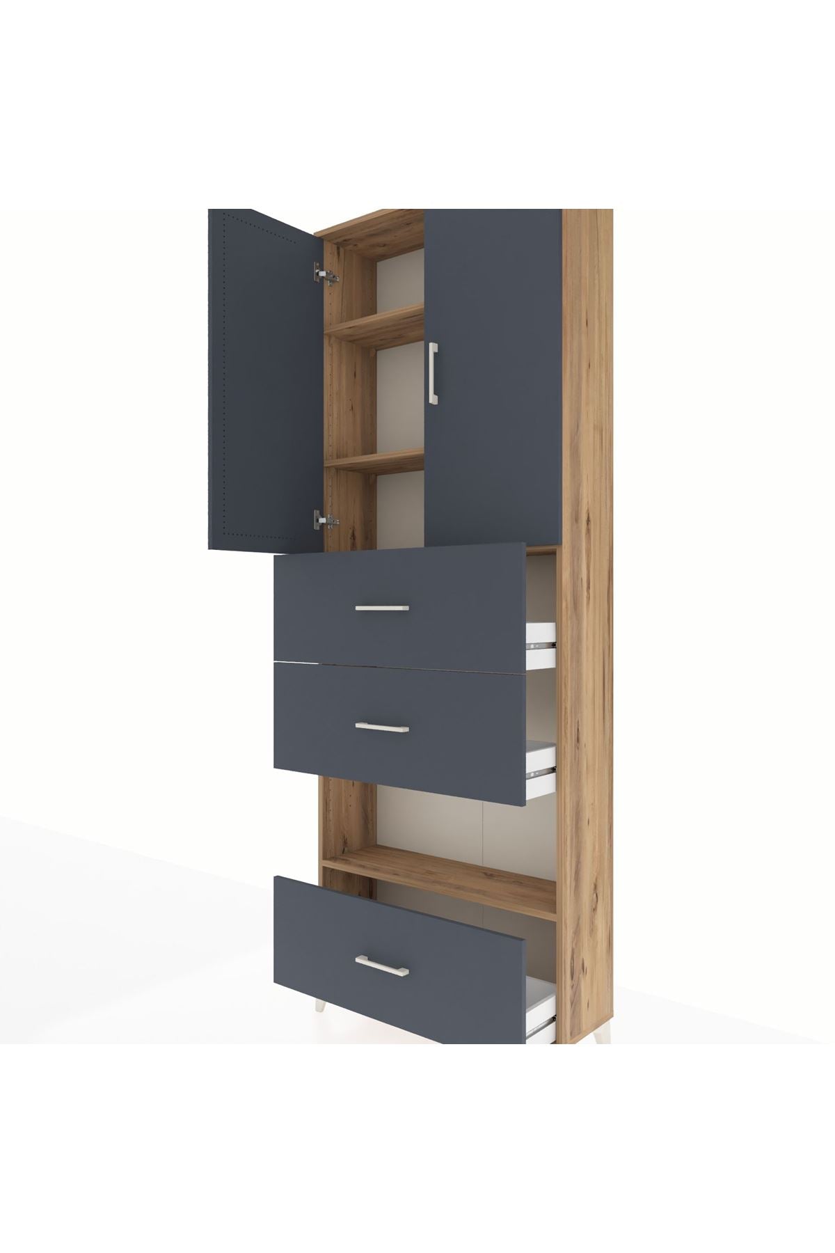 Arges Dolap 4 Raflı 3 Çekmeceli 2 Kapaklı 88x30x243 Çam-Antrasit