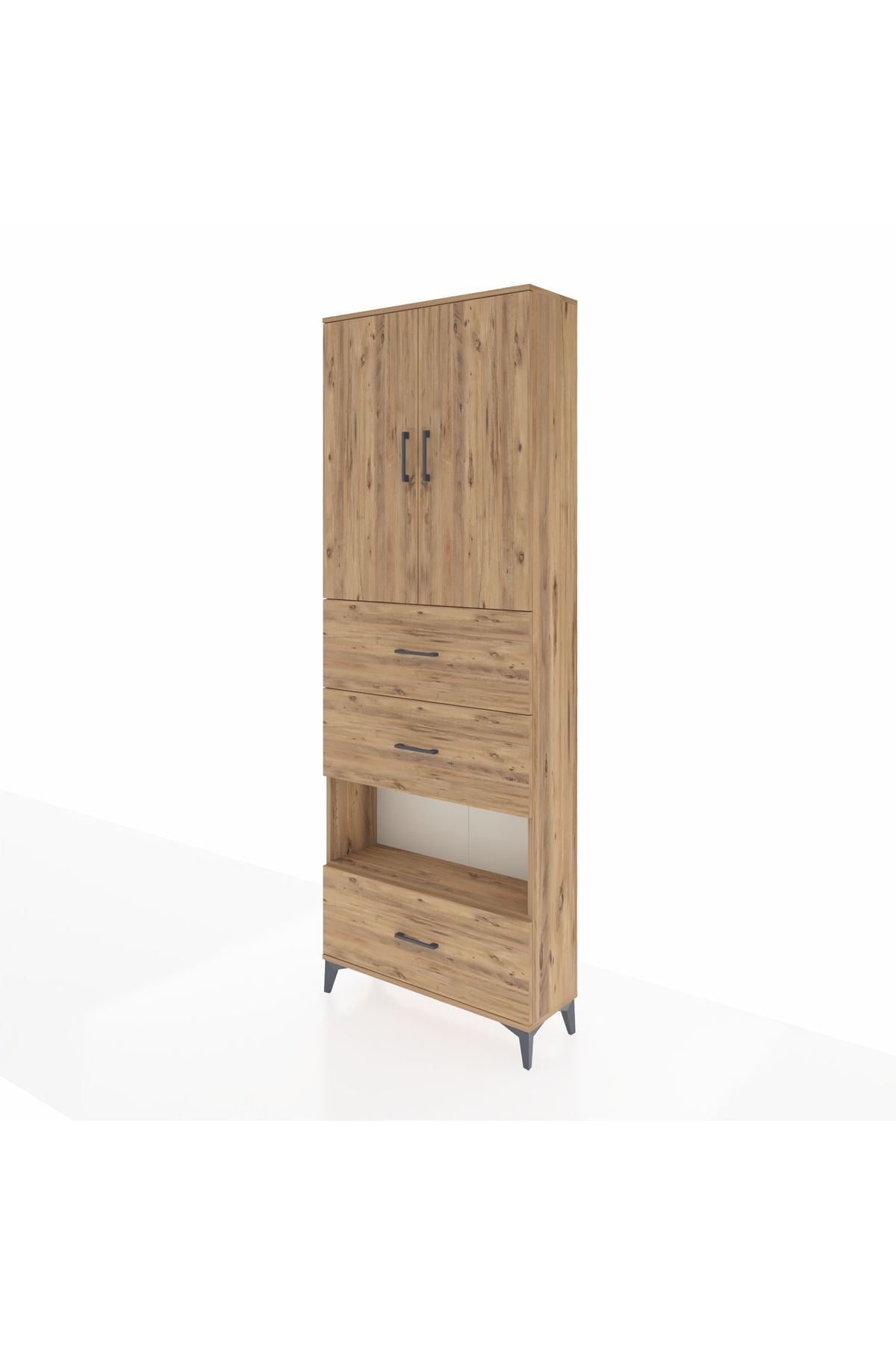 Arges Dolap 4 Raflı 3 Çekmeceli 2 Kapaklı 88x30x243 Çam-Çam