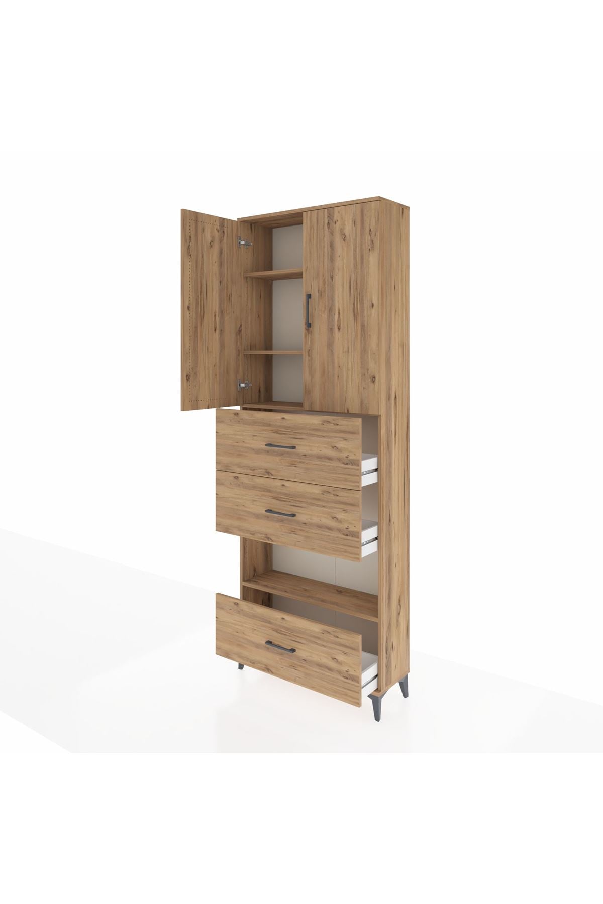 Arges Dolap 4 Raflı 3 Çekmeceli 2 Kapaklı 88x30x243 Çam-Çam