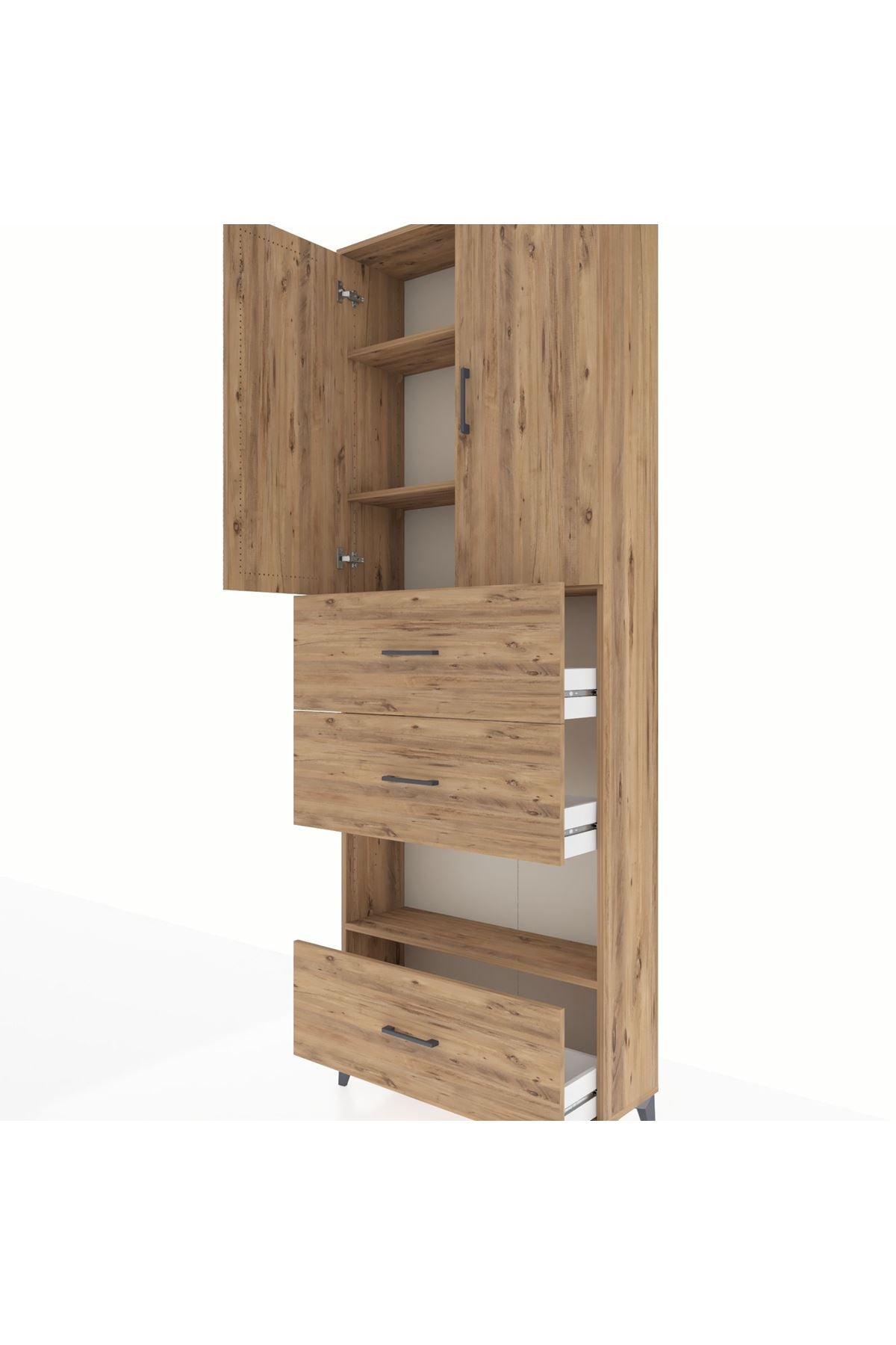 Arges Dolap 4 Raflı 3 Çekmeceli 2 Kapaklı 88x30x243 Çam-Çam