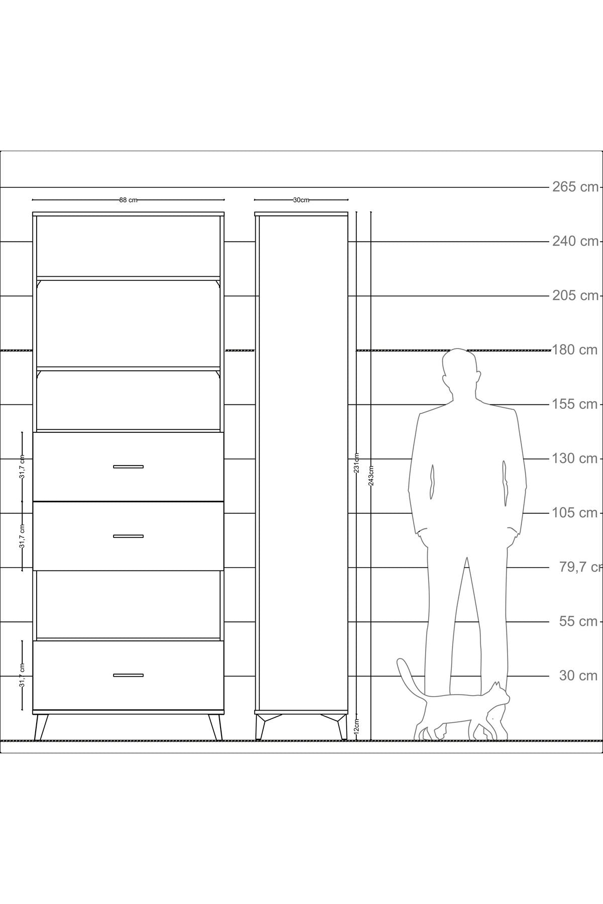 Arges Dolap 4 Raflı 3 Çekmeceli 88x30x243 Çam-Antrasit